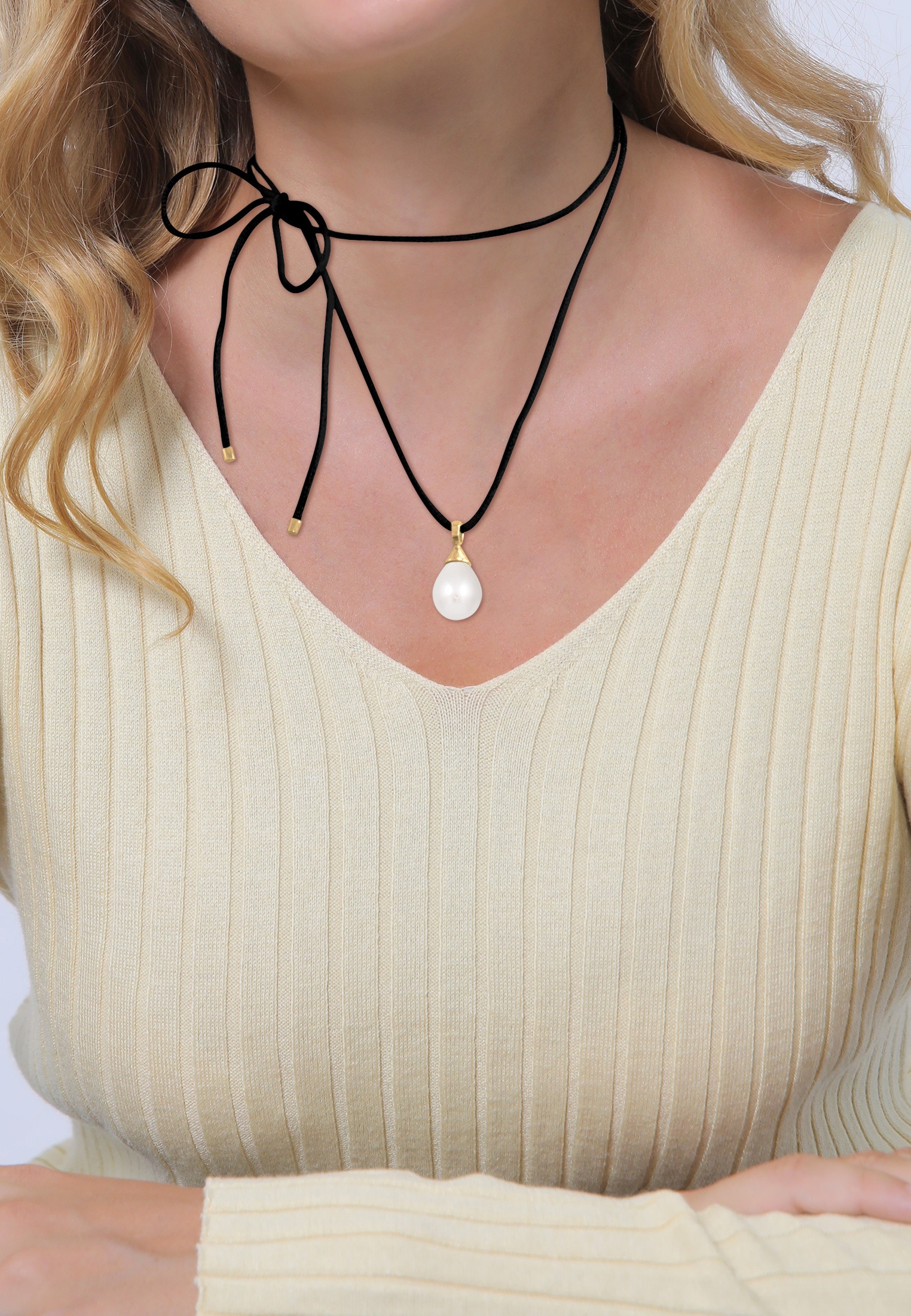 Elli Perlenkette »Halskette Muschelkernperle Tropfen Satinband 925 Silber«