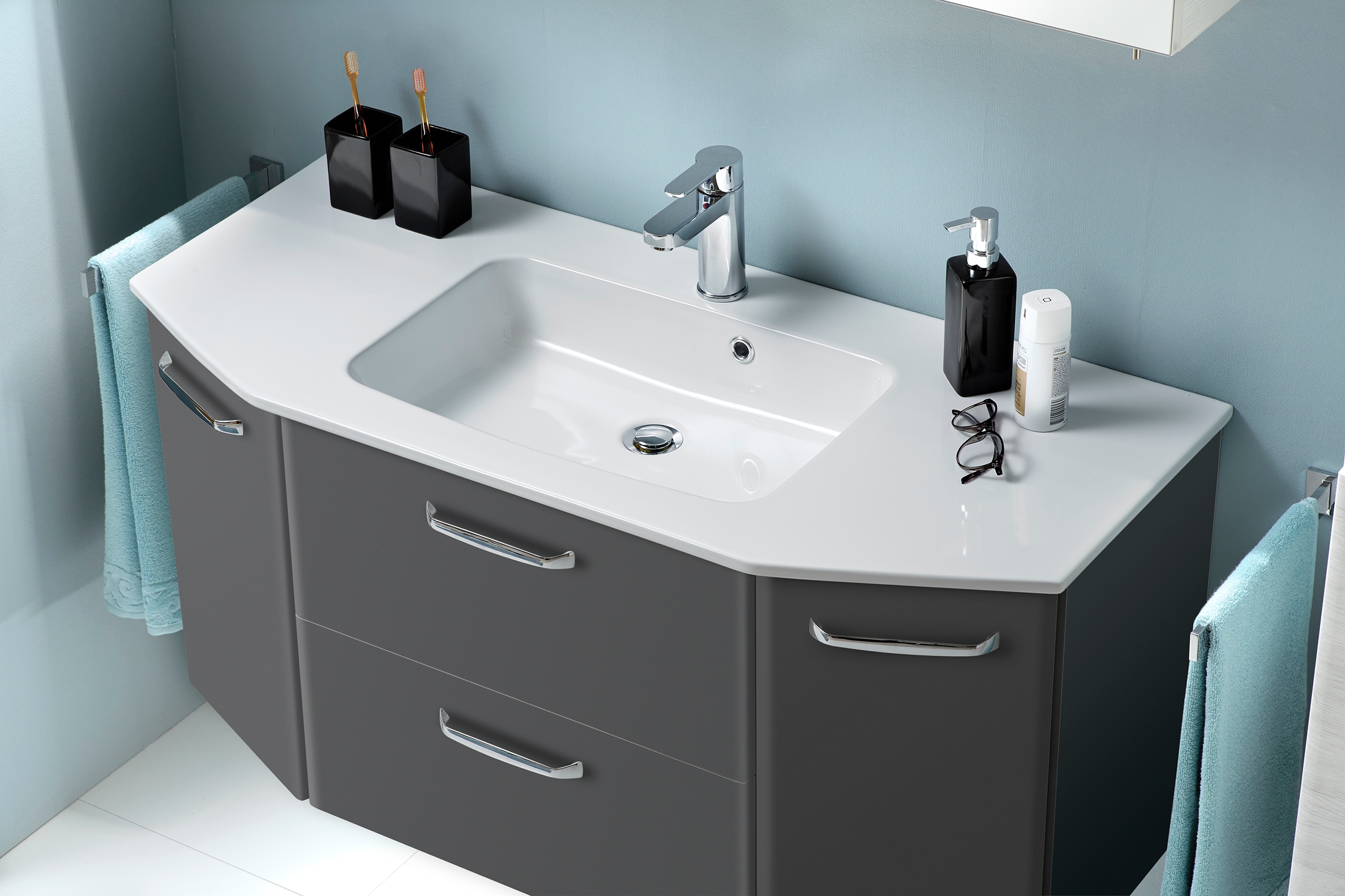 Saphir Waschtisch »Quickset 327 Waschtisch mit Unterschrank, inkl Türdämpfer«, Anthrazit Hochglanz, Waschplatz mit 2 Türen, 1 Klappe, 1 Auszug