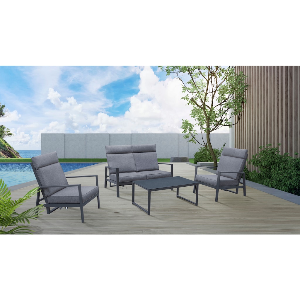 KONIFERA Gartenlounge-Set »Detroit«, (Set, 4 tlg., 1x 2er Sofa, 2x Sessel, 1x Tisch 100x60x42 cm, Aluminium)