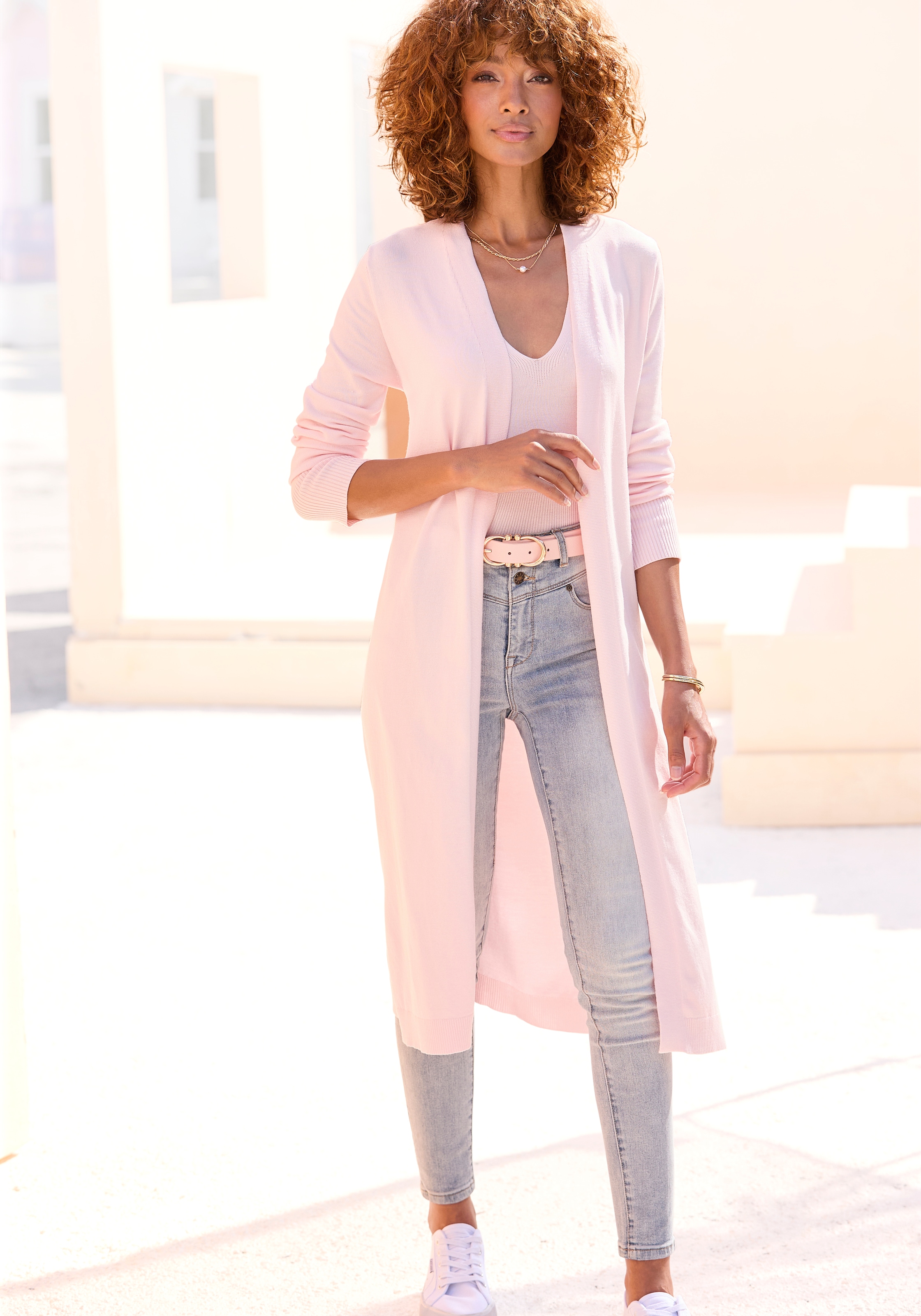 LASCANA Cardigan mit seitlichen Schlitzen, Longstrickjacke aus weichem Rippstrick