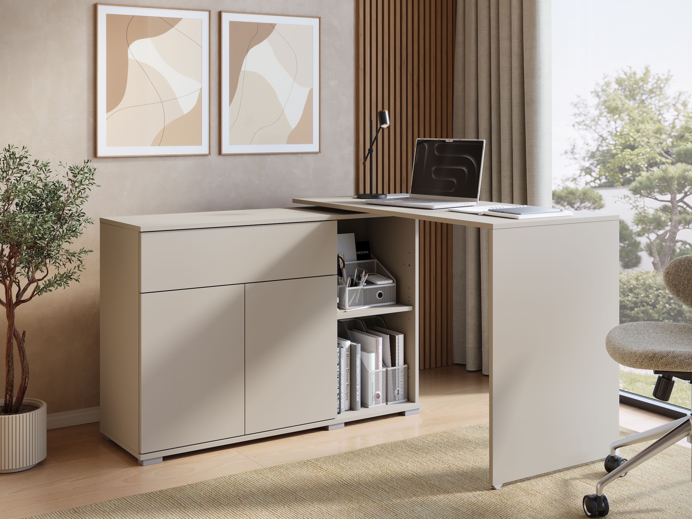 OTTO home Schreibtisch »Kenia mit drehbarer Tischplatte 90°/180°, B/H/T: 109,5/75/50 cm« 1 Stk. tlg. Schublade & Türen mit Push-to-open, 2 höhenverstellbare Böden