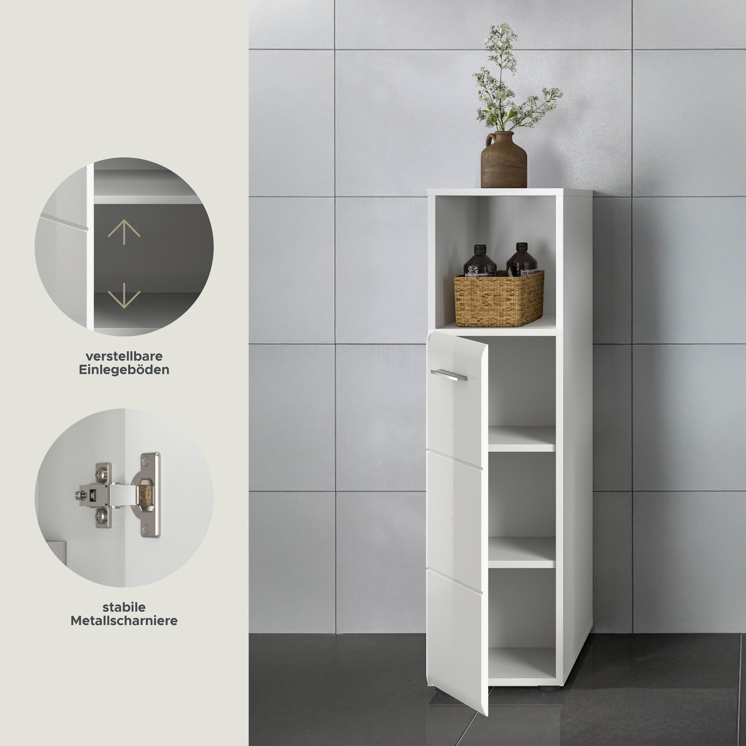 welltime Stauraumschrank »FLORENZ, TOPSELLER!, Höhe 110 cm, 1 Tür, 2 Fachböden, 1 offenes Fach« TOPSELLER!, 1 Stk. tlg. Türanschlag wechselbar, hochwertige MDF Front, Badschrank, Bad