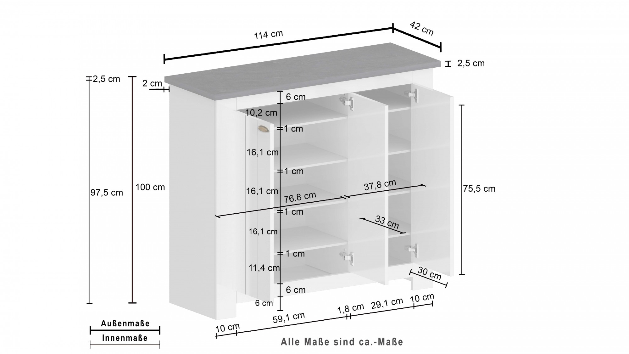 INOSIGN Schuhschrank »FIGO, Made in Italy – Schuhkommode,Schuhregal für ca. 30 Paar Schuhe«, (1 St.), 3-Türig, Siebdruck-dekorative Fräsungen, 10 Fächer, Höhe: 100 cm