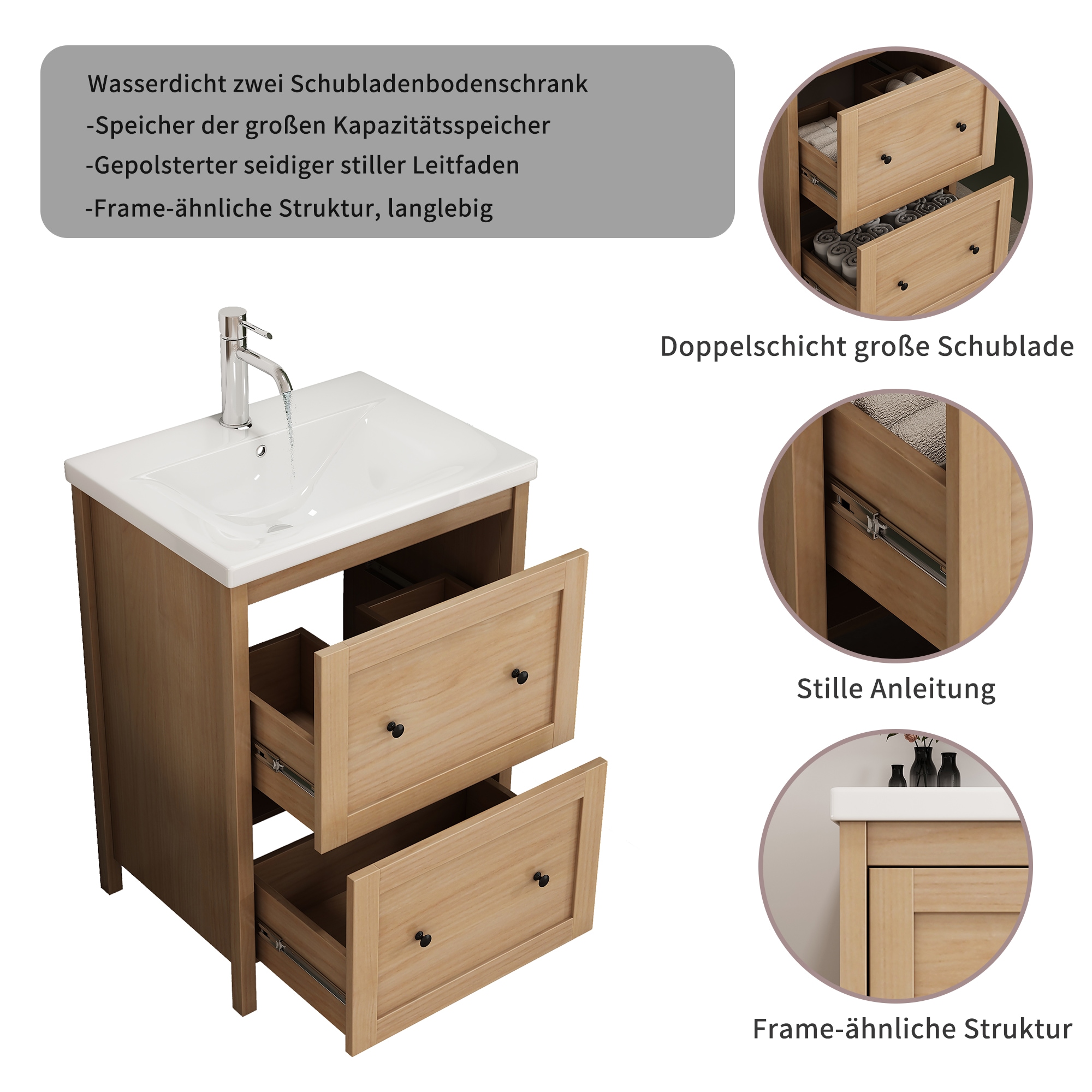 welltime Waschtisch »Stockholm« Komplett-Set,  Waschplatz mit 2 Auszügen und Softclose Breite 60cm