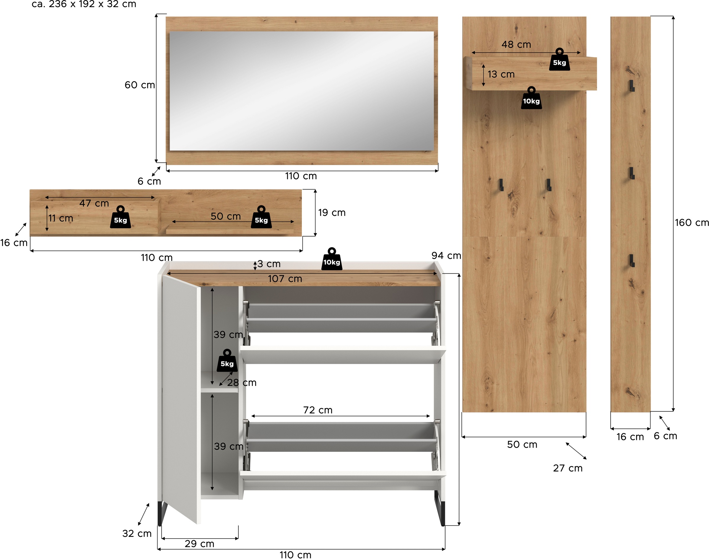 Home affaire Garderoben-Set »EVRID, 5-teilig, Breite 236 cm, individuell stellbar & erweiterbar« best. aus: Wandboard, Kommode, Spiegel, Garderobenpaneel, Hakenleiste, 5 Stk. tlg.
