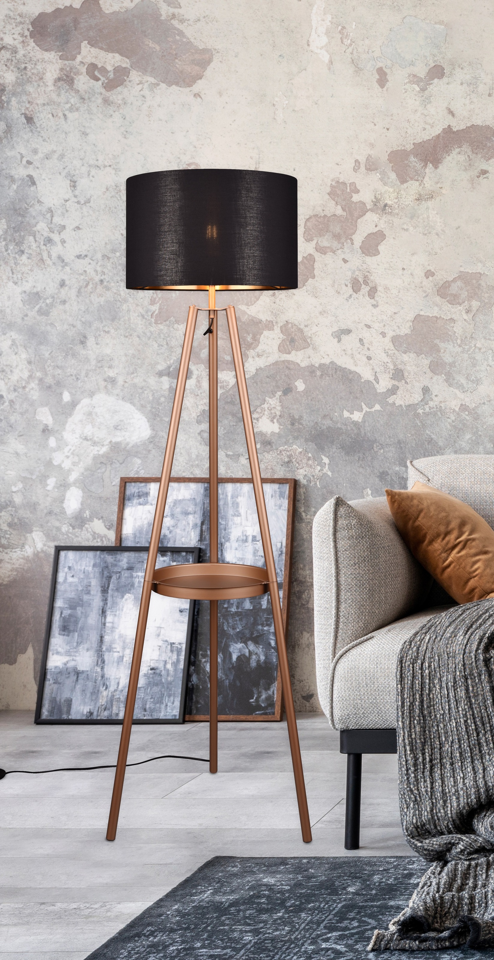 REALITY Leuchten Stehlampe »COLETTE, Stehleuchte Dreibein mit Ablagefläche exkl 1xE27 max 60W«, 1 flammig, Leuchtmittel E27 | Leuchtmittel wechselbar, Stehleuchte Ø 57cm mit Fußschalter moderne Farbkombination innen gold