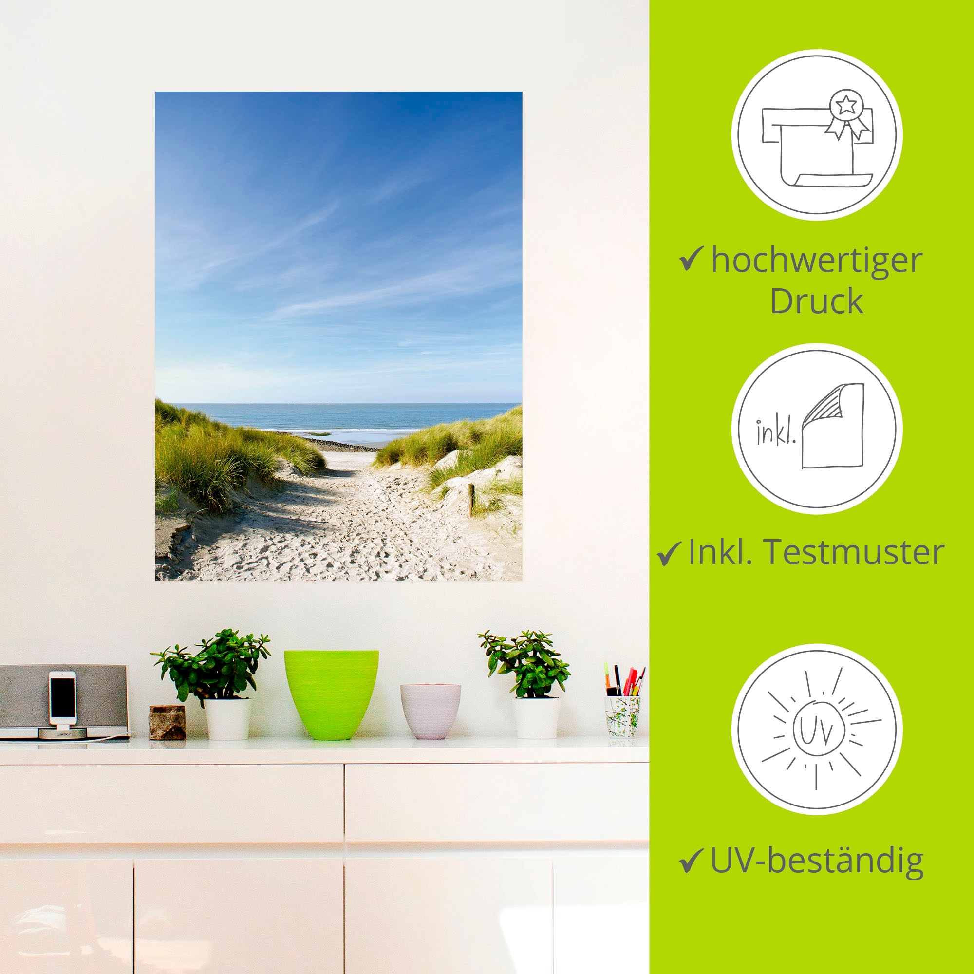 Artland Wandbild »Strand mit Sanddünen und Weg zur See«, Strand, (1 St.), als Alubild, Outdoorbild, Leinwandbild, Poster, Wandaufkleber