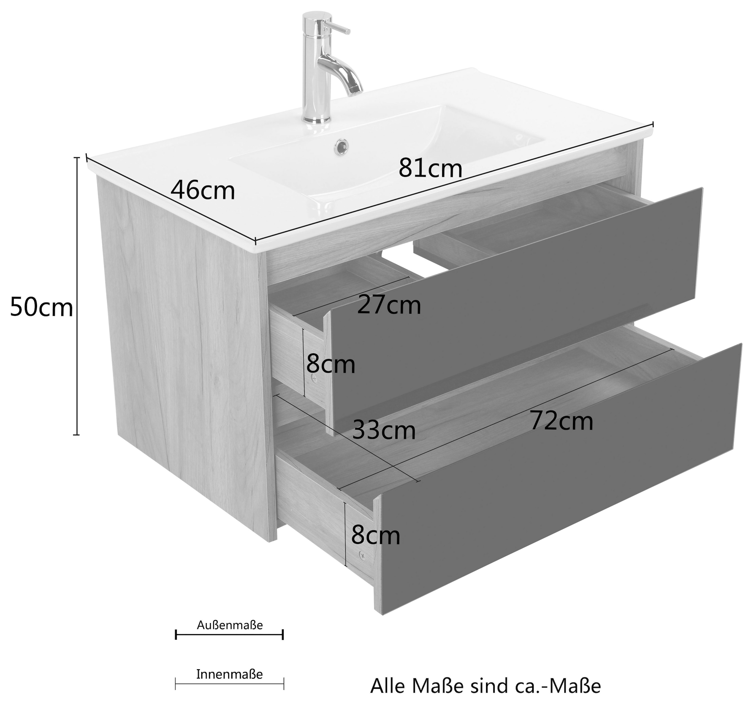 welltime Waschtisch »Torun Badezimmerschrank Unterschrank mit Glasfronten und Softclose«, Waschplatz mit 2 Schubladen und Waschbecken Breite 80 cm