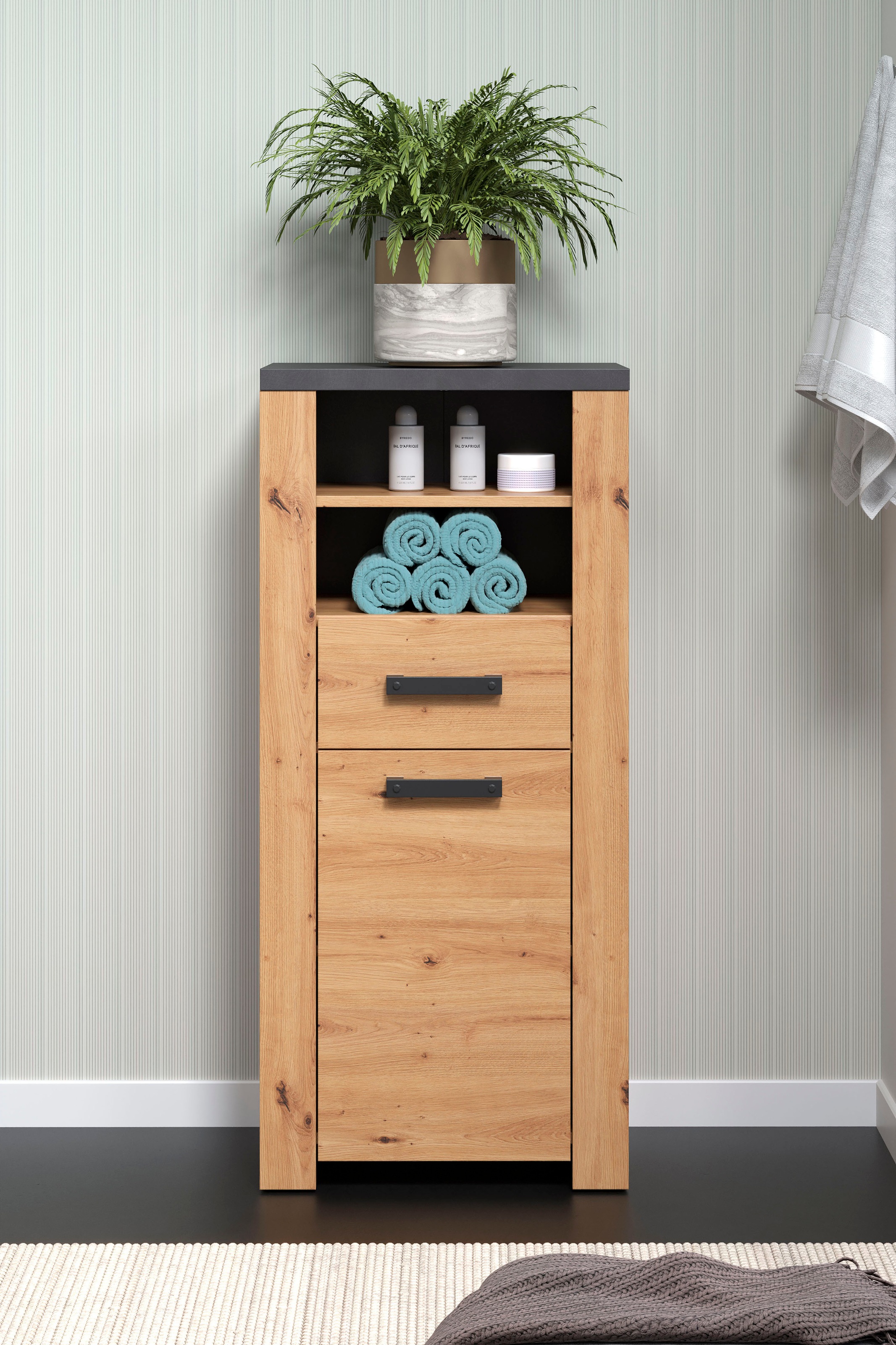 welltime Midischrank »Ambres«, (1 St.), Badschrank in matter Echtholzoptik - Maße (B/T/H) 53/35/118 cm