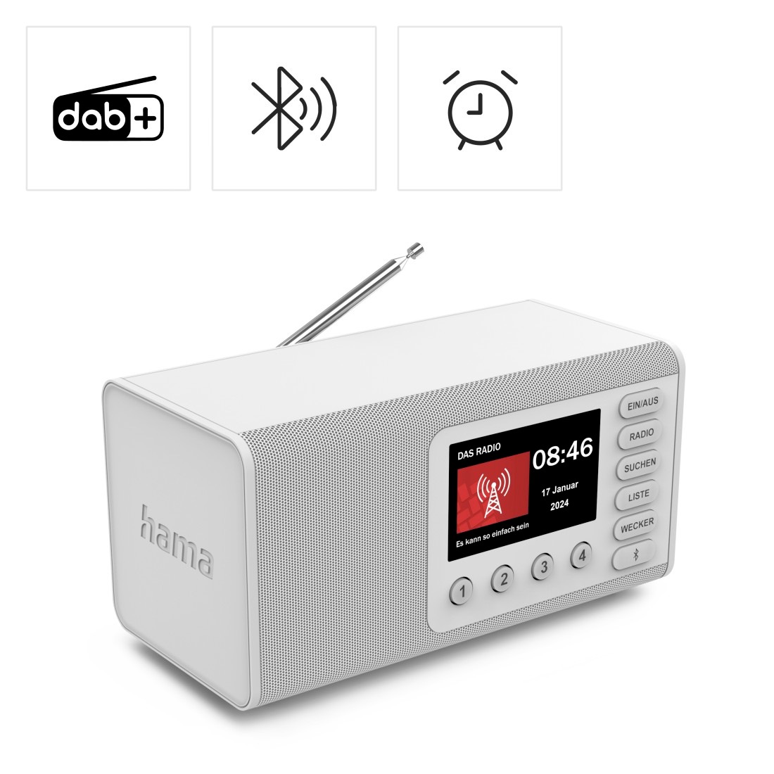 Hama Digitalradio (DAB+) »Digitalradio mit DAB+ FM Bluetooth und Wecker« ( Digitalradio (DAB+) 5 W) 4,3 Zoll TFT Display, große Tasten, Direktwahltasten