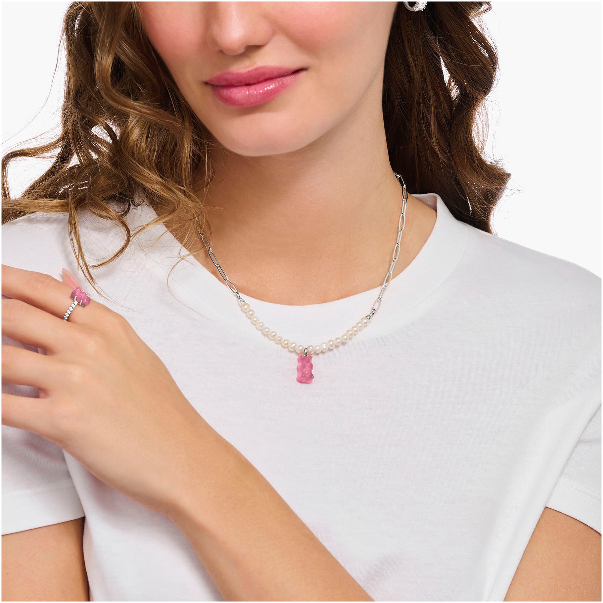 THOMAS SABO Kette mit Anhänger »THOMAS SABO x HARIBO Schmuck: Gliedercollier mit Goldbär«, mit Kristallglas - mit Süßwasserzuchtperle