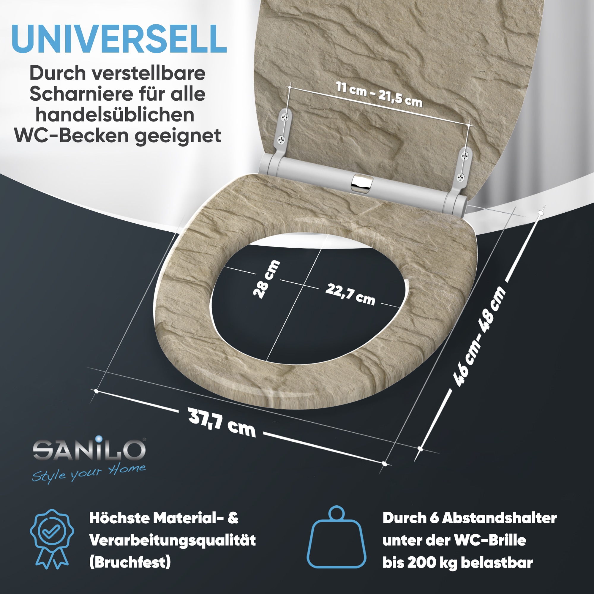 Sanilo WC-Sitz »Sand Stone mit Absenkautomatik & Quick Release« Premium Toilettendeckel, abnehmbar, leichte Montage von oben