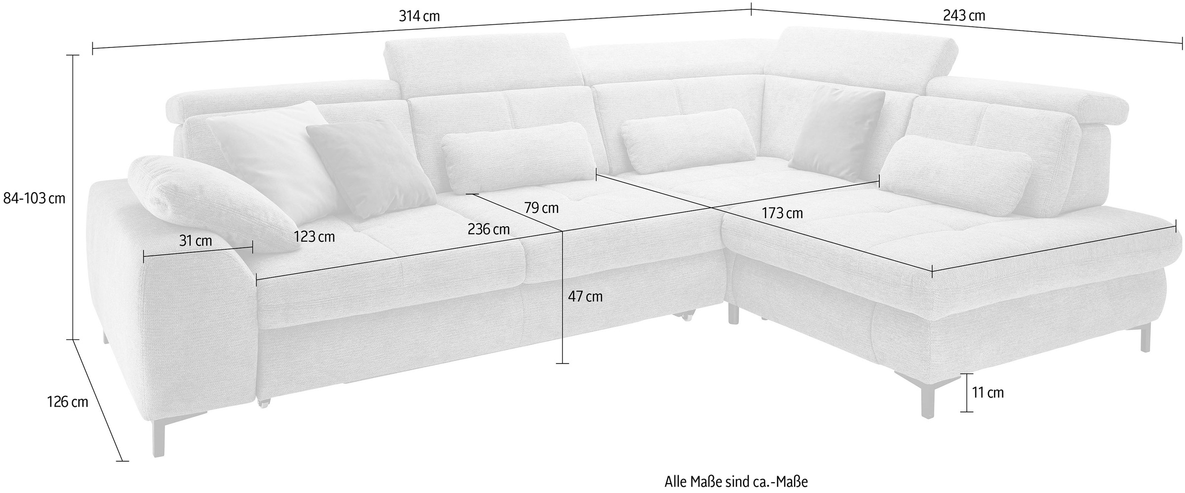 set one by Musterring Ecksofa »SO 3400, Komfortsitzhöhe 47cm oder 49cm, inkl. Sitztiefenverstellung«, verschiedene Funktionen, Kaltschaumpolsterung, Stellmaße 220 x 317 cm