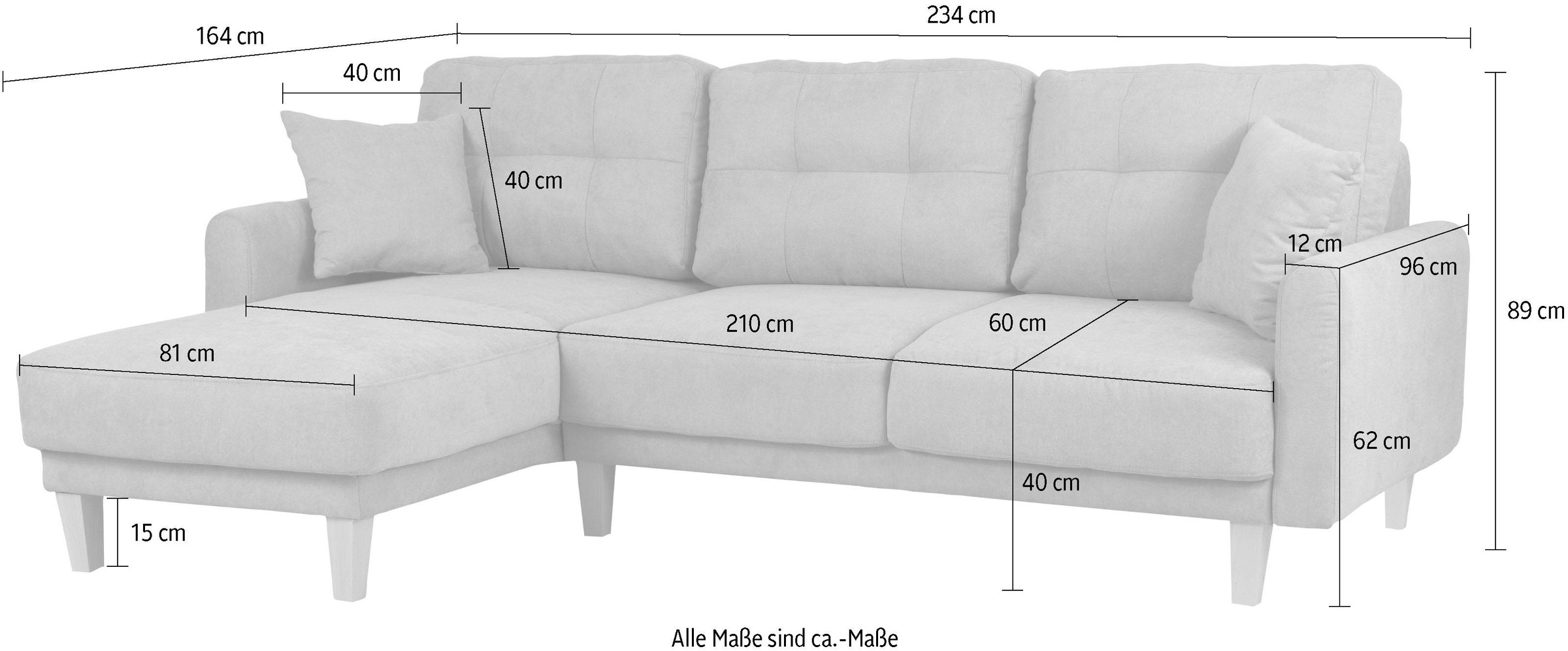 Home affaire Ecksofa »Triplo, Zierkissen, Schlaffunktion, B/T/H: 234/164/89 cm, L-Form«, wahlweise mit Bettfunktion und Bettkasten, Liegefläche 210/132 cm