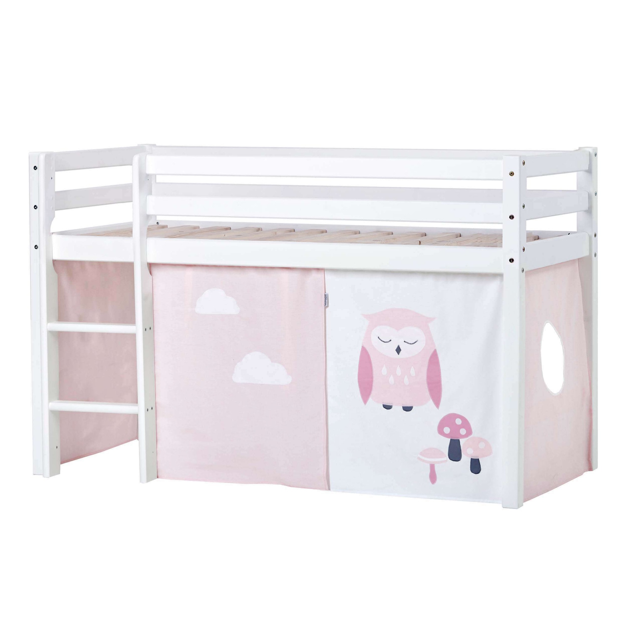 Hoppekids Hochbett »ECO Dream, Kinderbett, Spielbett, Halbhohes Bett aus Massivholz«, inkl. Vorhang-Set Eule Rosa Rot, Bettgröße & Matratze wählbar