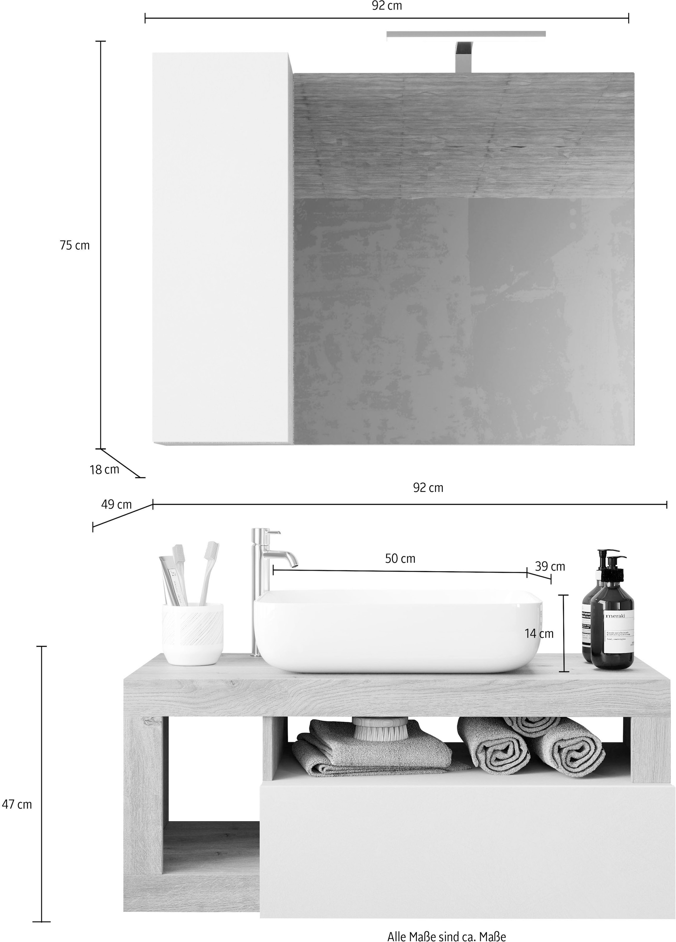 welltime Badmöbel-Set »Hamburg, Badezimmerset 2tlg. Breite 92 cm, Badmöbel, Waschtisch inkl.«, (Spar-Set, 2 St.), Waschbecken, Spiegelschrank mit LED Aufbauleuchte, Soft-Close-Funktion