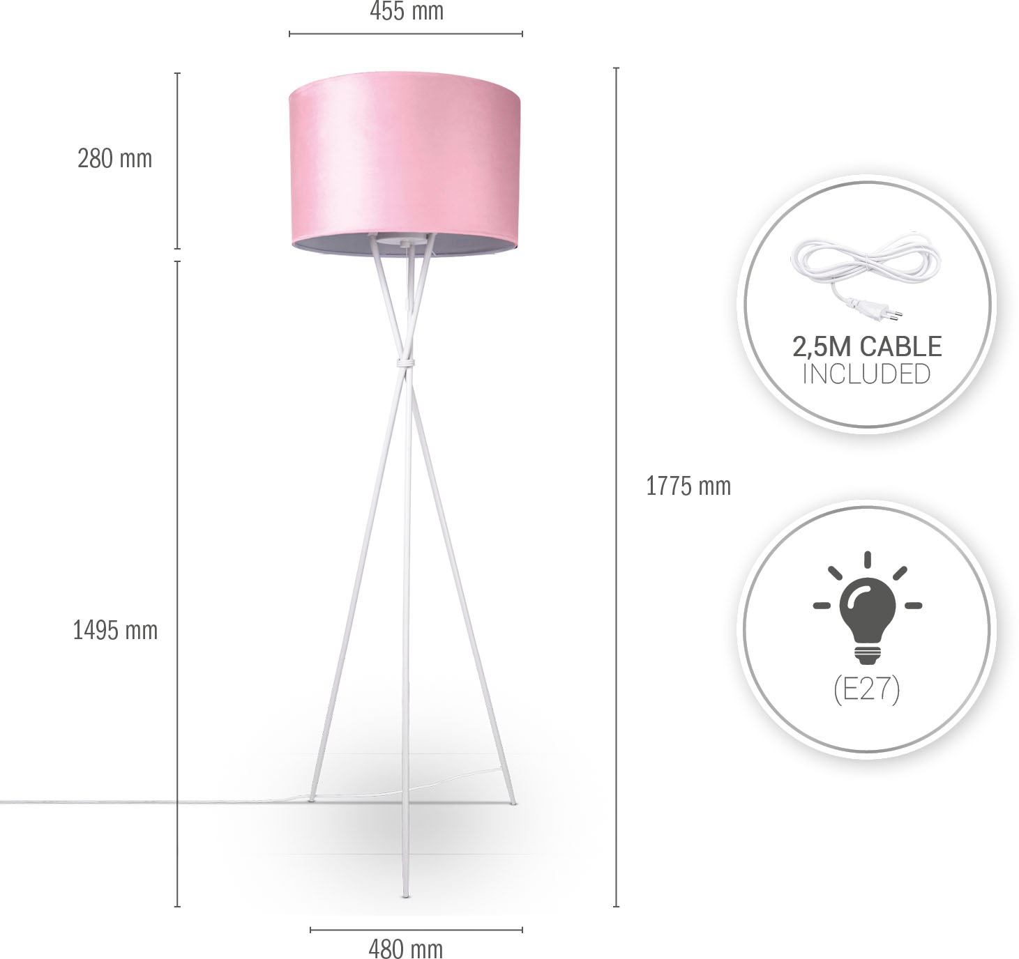 Paco Home Stehlampe »Kate uni Color«, Leuchtmittel E27 | ohne Leuchtmittel, Wohnzimmer Dreibein Standleuchte Velour Höhe 177,5cm Filigran E27