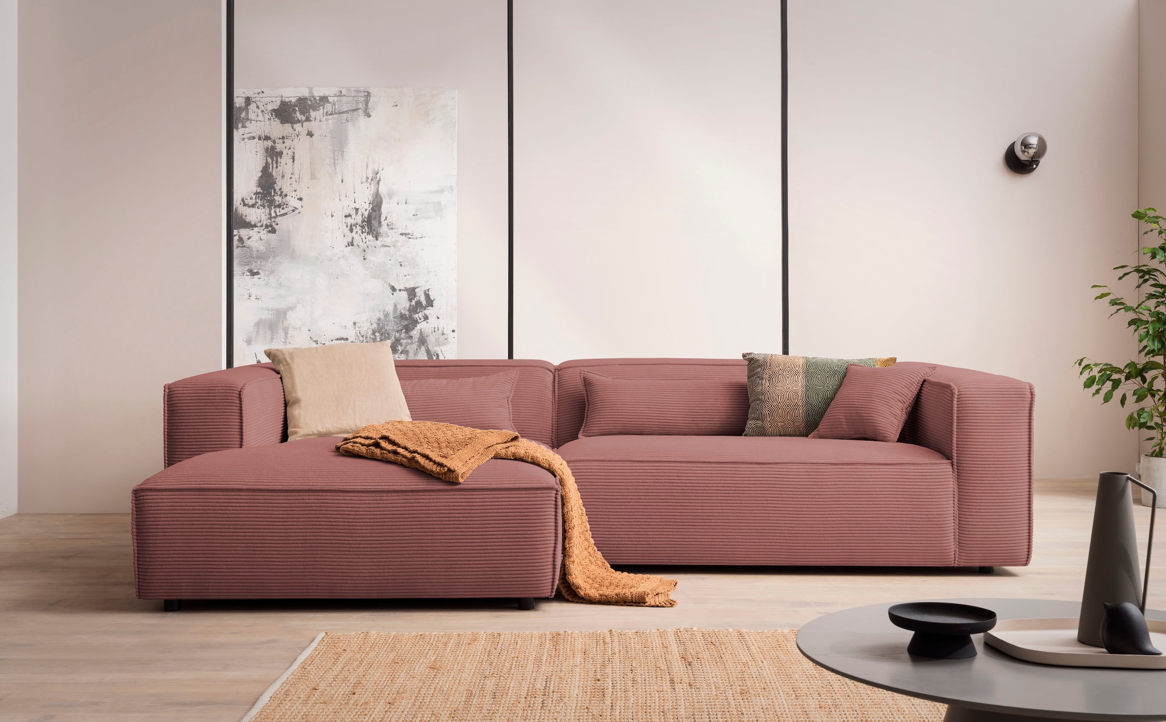 LeGer Home by Lena Gercke Ecksofa »PIARA XXL, Big-Sofa in Cord oder Leinenoptik, L-Form, mit Kedernaht«, wahlweise Ottomane rechts/links, schwarze Füße, extra tiefe Sitzfläche