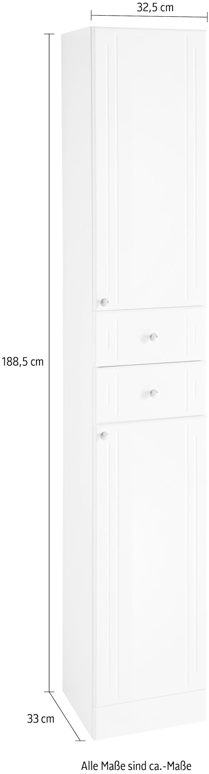 Saphir Hochschrank »Quickset 955 Badschrank, 32,5 cm breit, 2 Türen, 2 Schubladen« Badezimmer-Hochschrank inkl. Türdämpfer, Griffe in Chrom glänzend