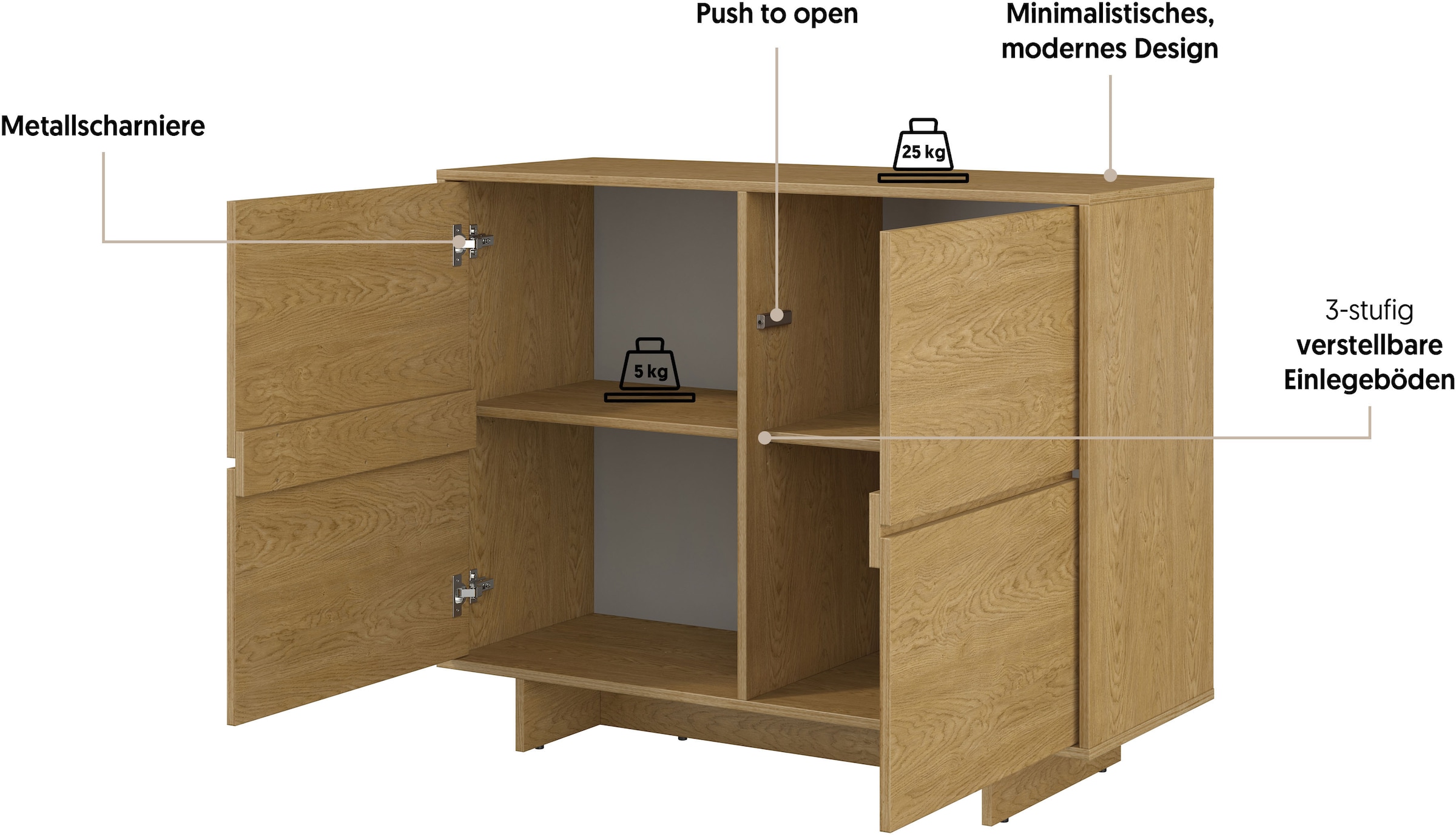 OTTO home Sideboard »Tatami, Stilvolle, moderne grifflose Kommode 2 Türen, Breite 111cm« Anrichte mit viel Stauraum, Böden verstellbar, push-to-open-Funktion