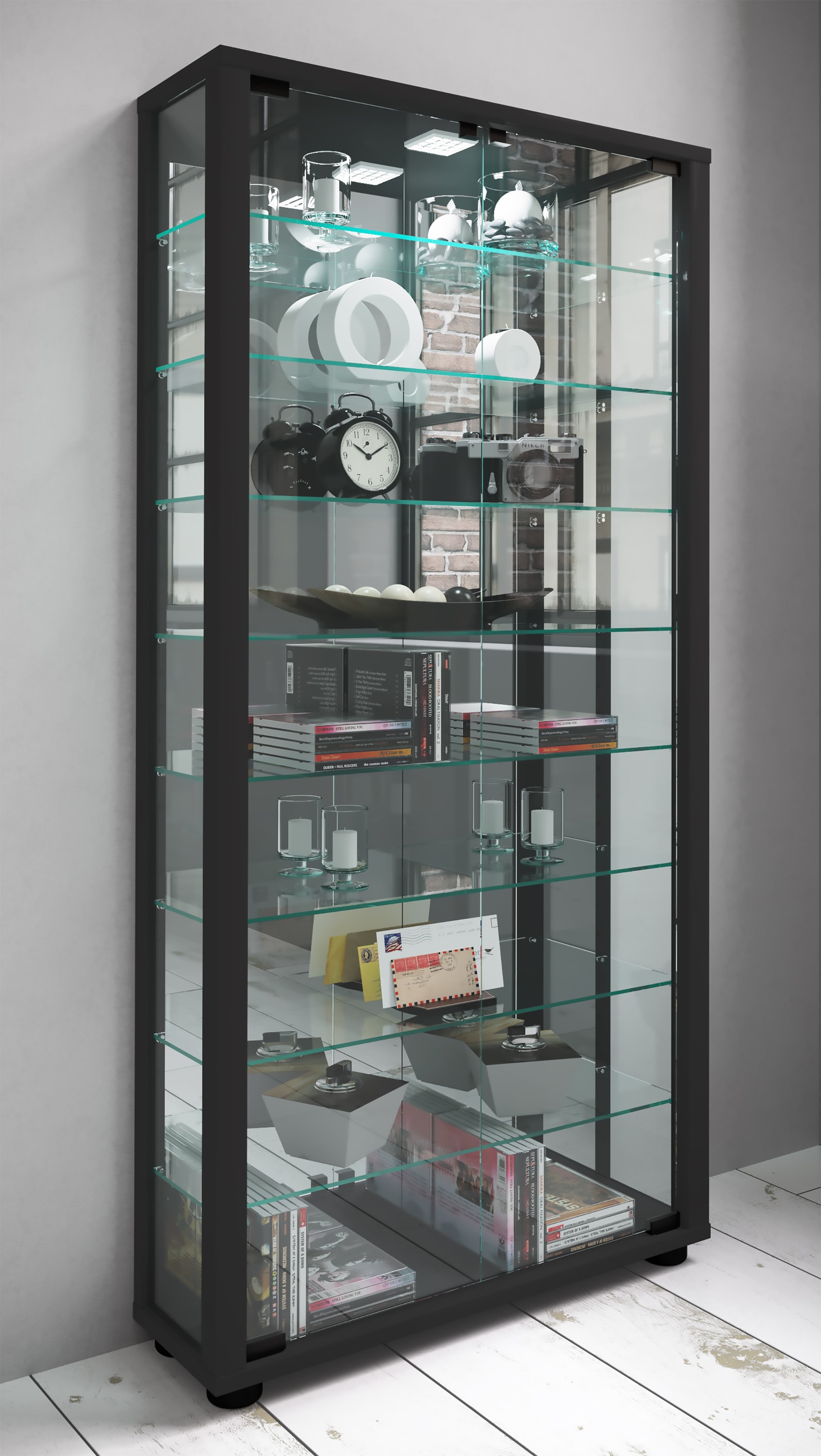 VCM Vitrine »VCM Glasvitrine stehend | Vitrine Glas mit ESG-Sicherheitsglas | Maße ca. H. 115 x B. 59 x T. 18 cm | Standvitrine Glas | Modern und platzsparend | Glas Vitrinenschrank ¿ Lumo Maxi Spiegel«, (1 St.)