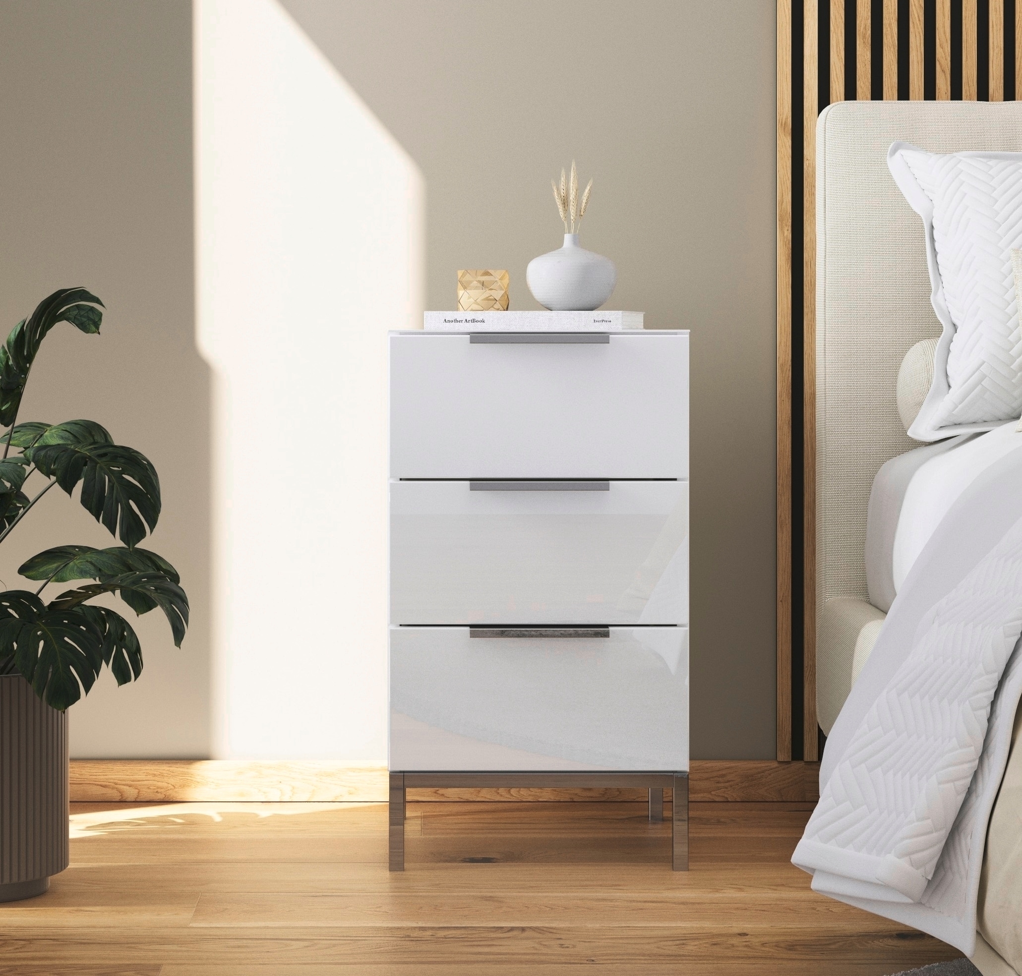 rauch Nachtkommode »Nachttisch Nachtschrank Nachtkonsole FLIPP mit Glasfront«, (Breite 40 cm), mit 3 Schubladen und Soft-Close-Funktion, Oberboden und Front Glas