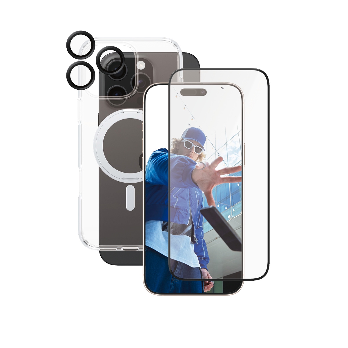 CARE by PanzerGlass Displayschutzglas »3-in-1 Protection, Ceramic Glass, Kickstand Case, Lens Cover«, für Apple iPhone 16 Pro Max, Displayschutzfolie, Schutzfolie, Bildschirmschutz, kratz- & stoßfest