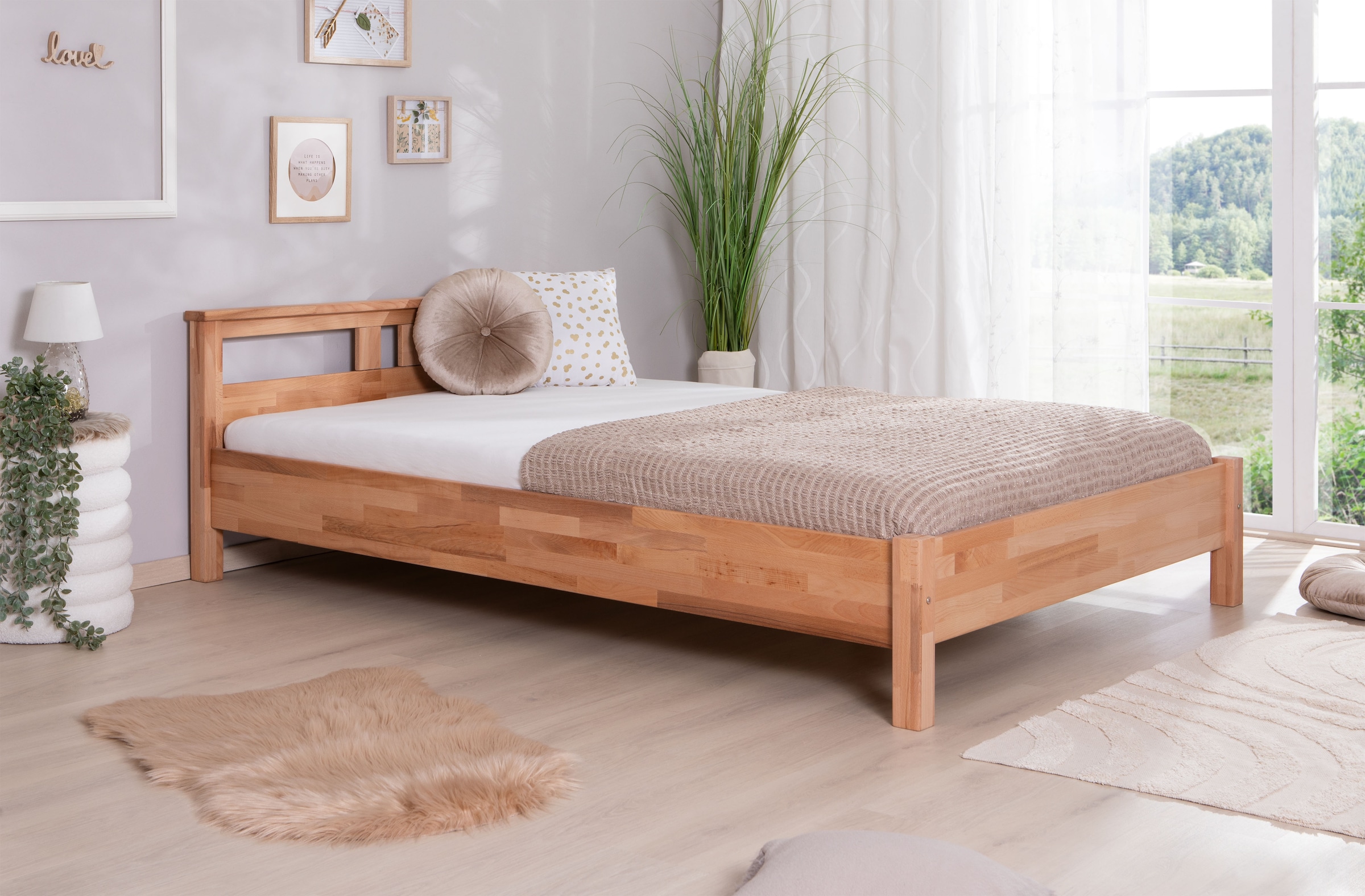 Ticaa Massivholzbett »Merci«, Doppelbett, aus Buche Massivholz, inkl. Rollrost
