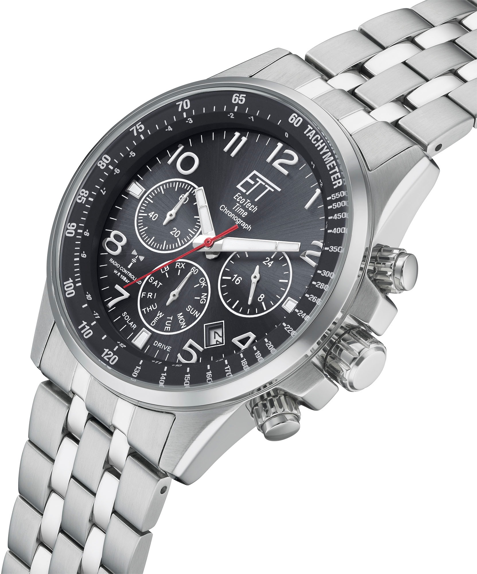 ETT Funkchronograph, (Set, 2 tlg., mit Wechselband), Armbanduhr, Herrenuhr, Stoppfunktion, Datum, Solar