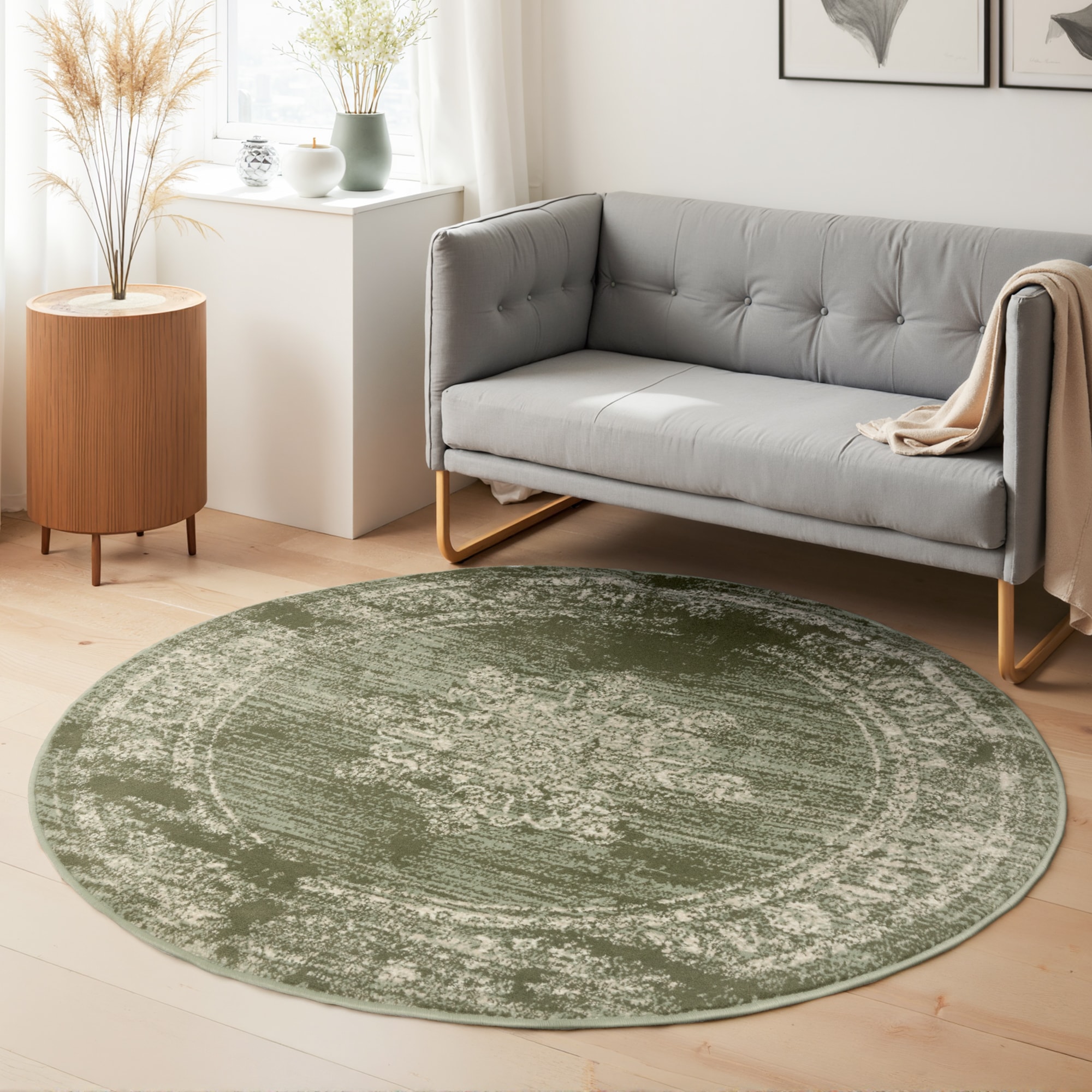 THE RUGS Gloria Round Rug Lydia Vintage Oriental Short Pile in Green | Size: 120cm diameter