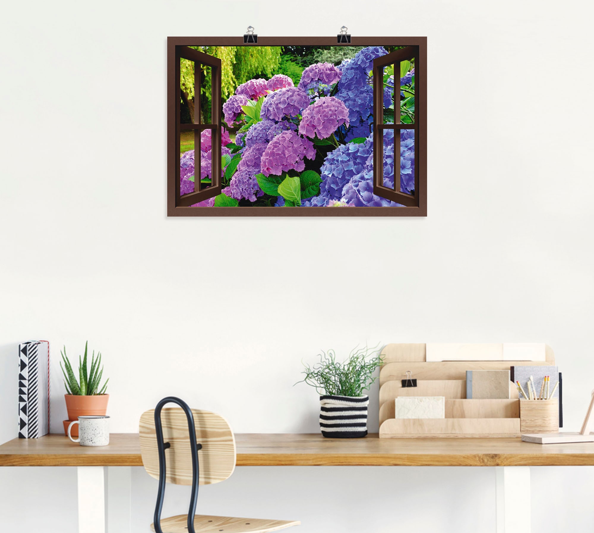 Artland Wandbild »Fensterblick - Hortensien im Garten«, Blumen, (1 St.), als Leinwandbild, Poster in verschied. Größen