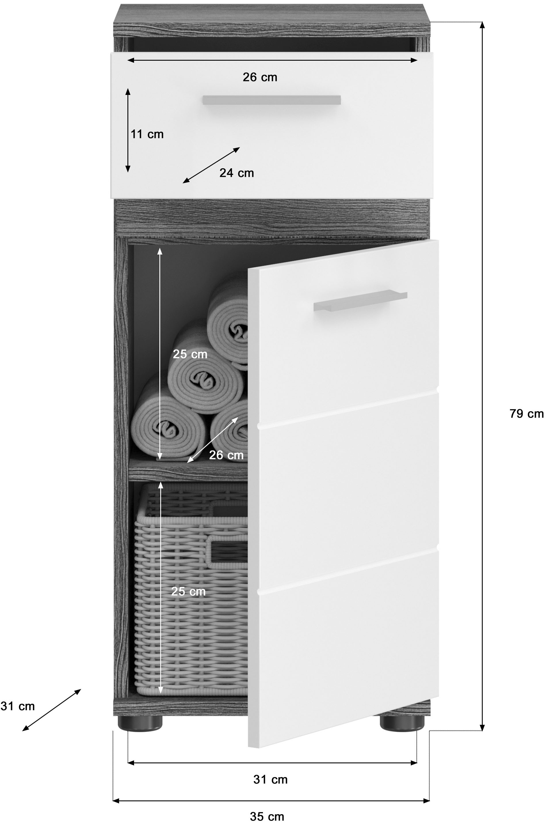 welltime Unterschrank »LUCCA, TOPSELLER!, Breite 35cm, 1 Tür (TA wechselbar), 1 Schubkasten« MDF Front, Badmöbel, Badschrank, Schrank, Bad, Badezimmer