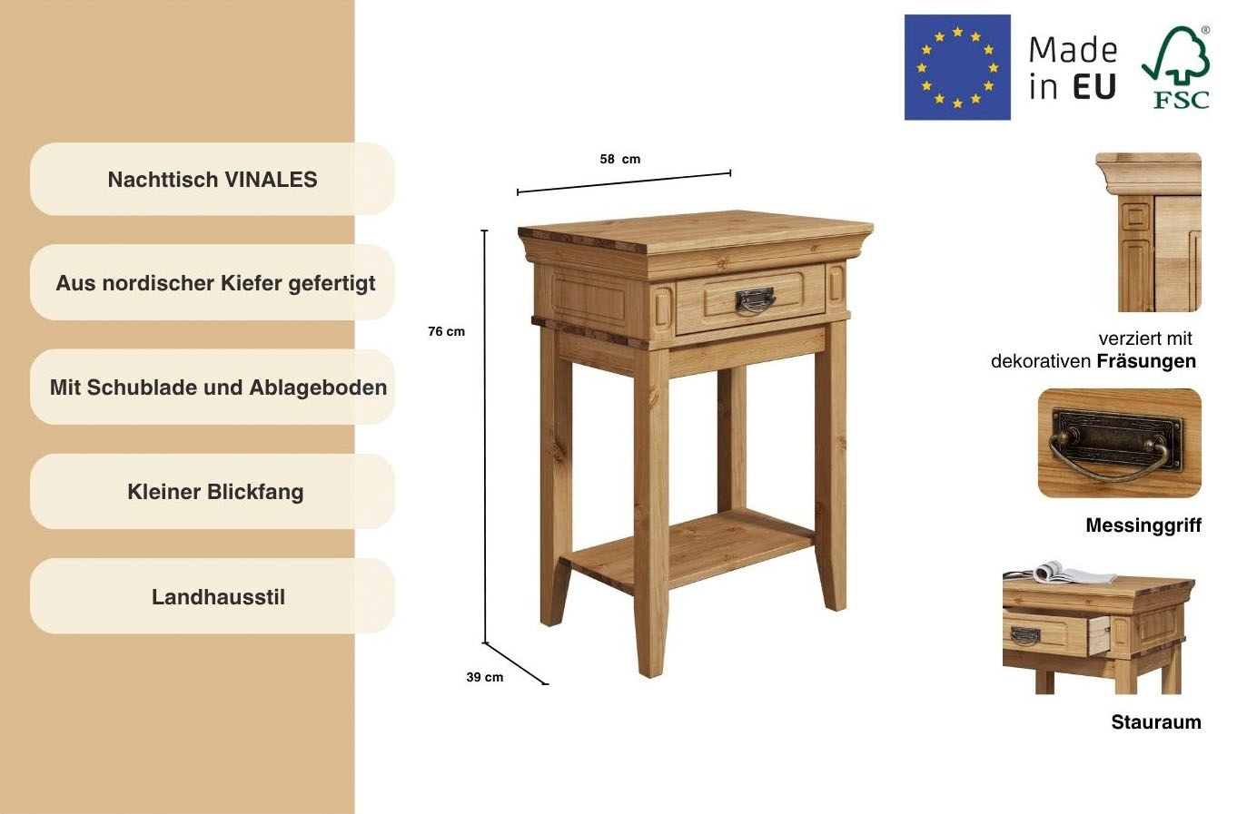 Home affaire Nachttisch »Vinales; Konsolentisch, Beistelltisch ideal für Boxspringbetten«, Aus massiver Kiefer, mit Fräsungen