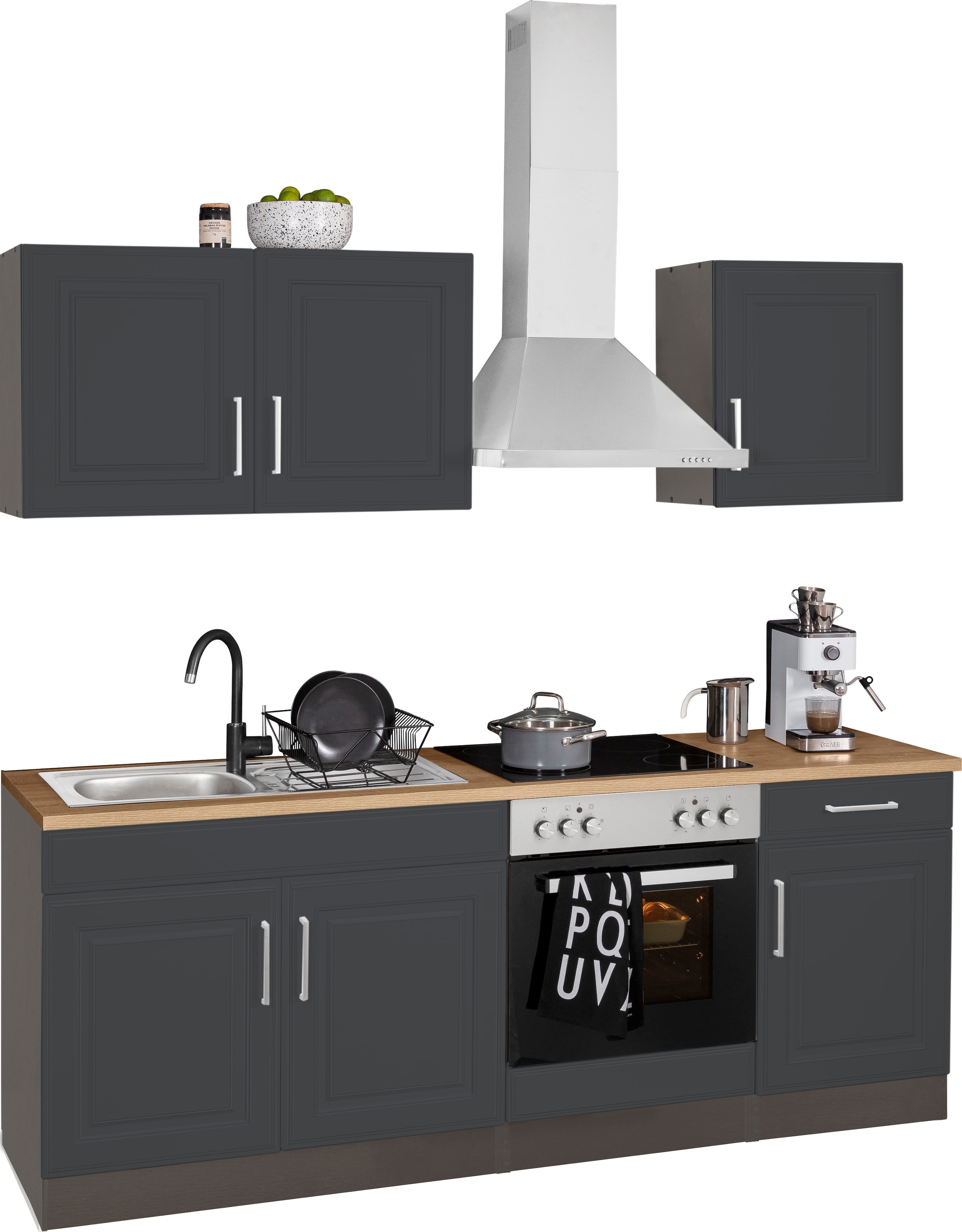 KOCHSTATION Küchenzeile »KS-Stockholm – Küche mit hochwertiger und detailreicher Landhausfront« Breite 210 cm, wahlweise mit E-Geräten,mit MDF-Fronten