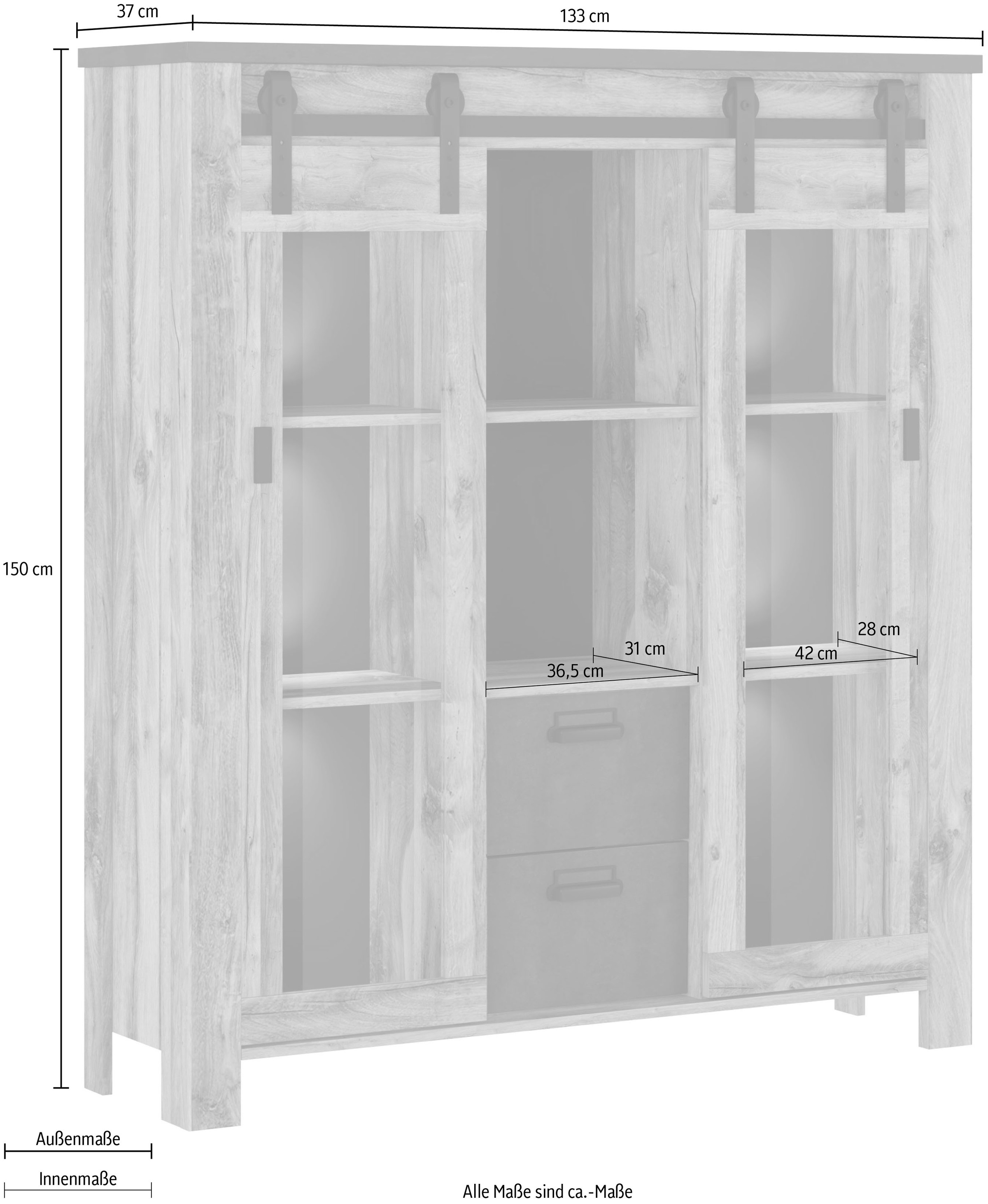 Home affaire Highboard »York, moderner Hochschrank, Vitrine in Hunton Oak, Industrialdesign«, mit Scheunentorbeschlägen & Apothekergriffen aus Metall, 150 cm hoch