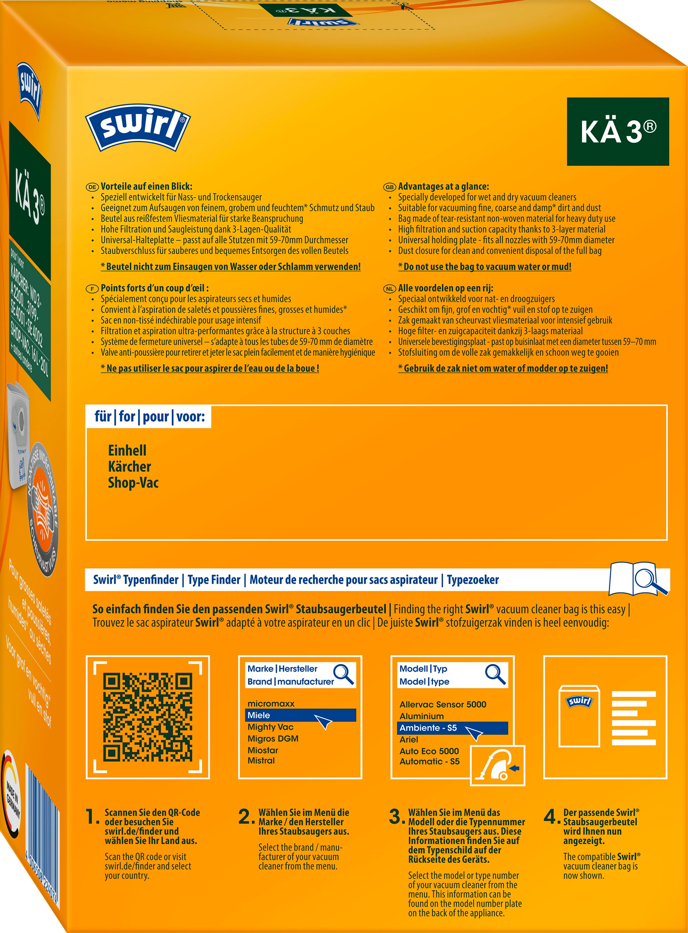 Swirl Staubsaugerbeutel »KÄ 3®«, (Packung, 3 St.), Staubsaugerbeutel für Kärcher & Shop-Vac Nass- und Trockensauger