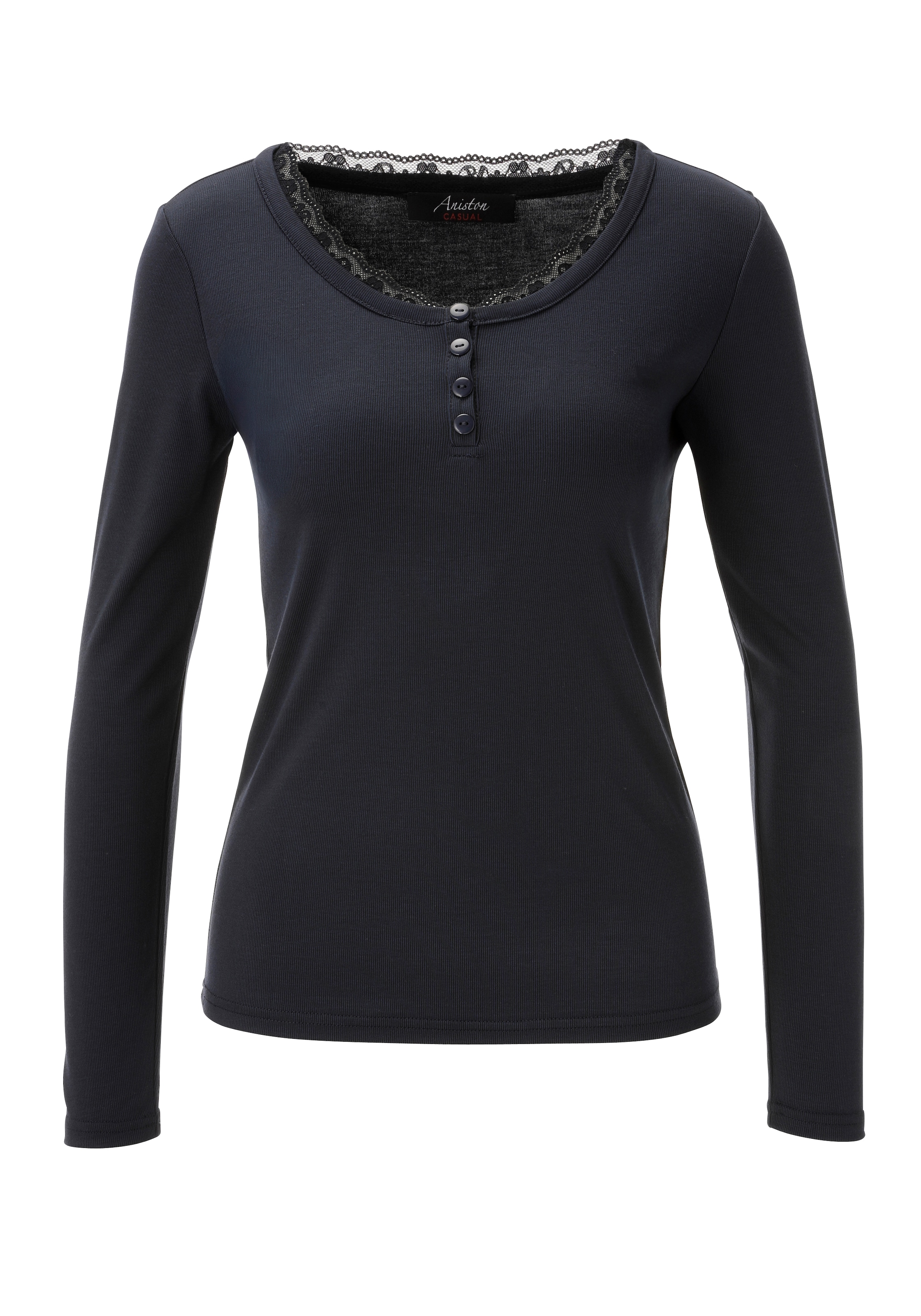 Aniston CASUAL Langarmshirt mit gewellter Spitze am Rundhals-Ausschnitt - NEUE KOLLEKTION