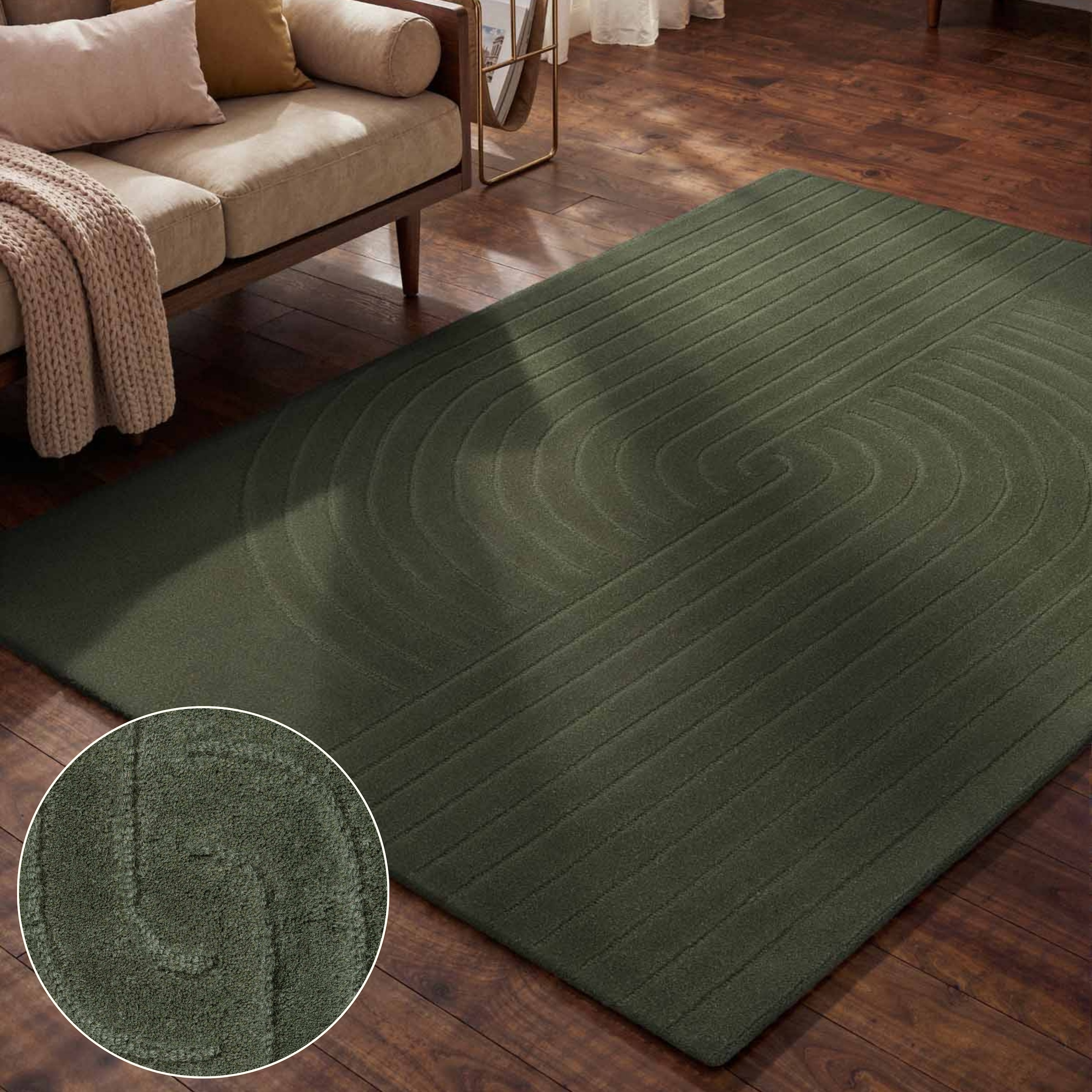 THE RUGS Vikosa Arcura Wool Rug Abstract Living Room in Dark Green | Size: 200cm x 300cm