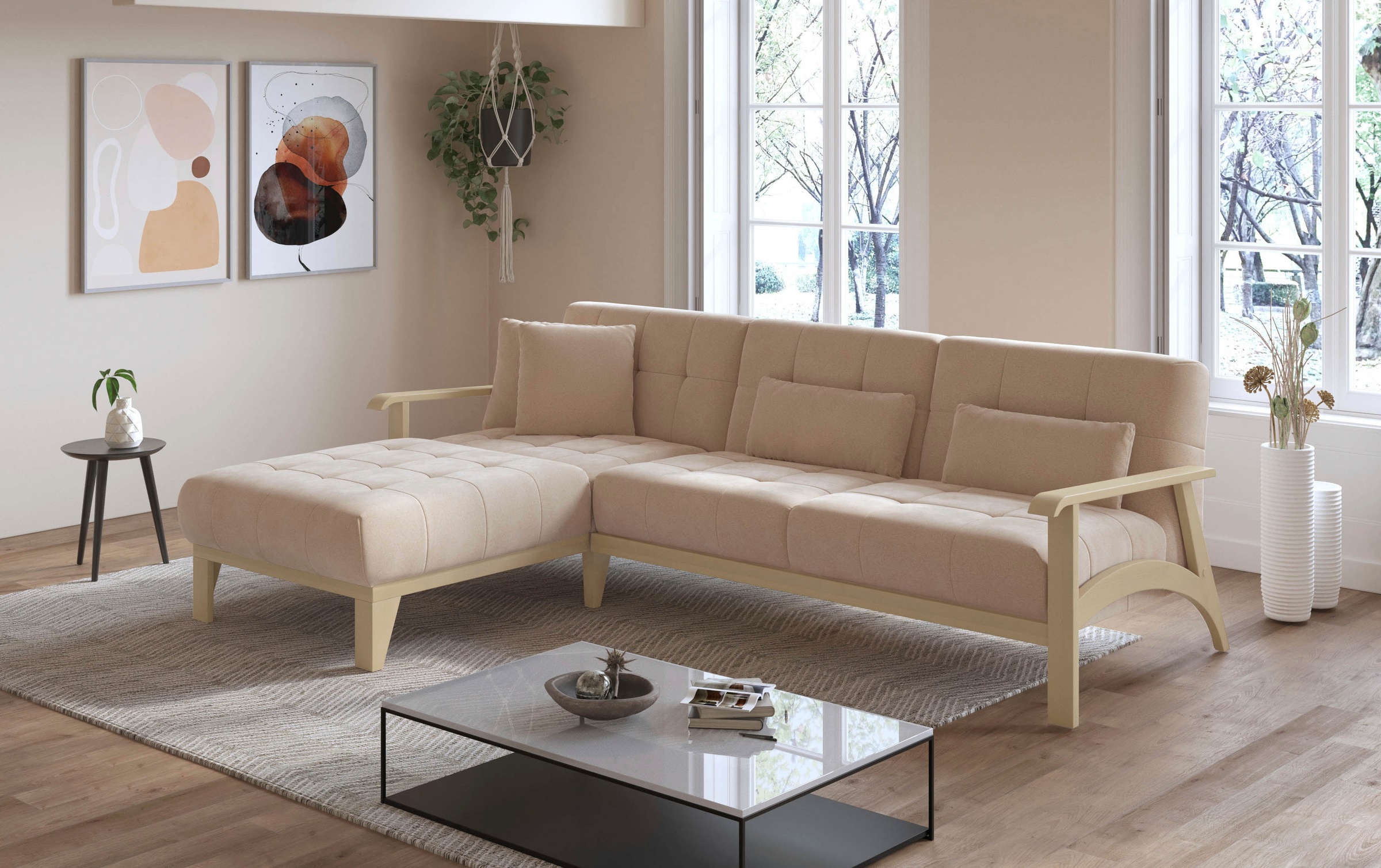 sit&more Ecksofa »Billund L-Form«, Armlehnen aus Buchenholz in natur, verschiedene Bezüge und Farben