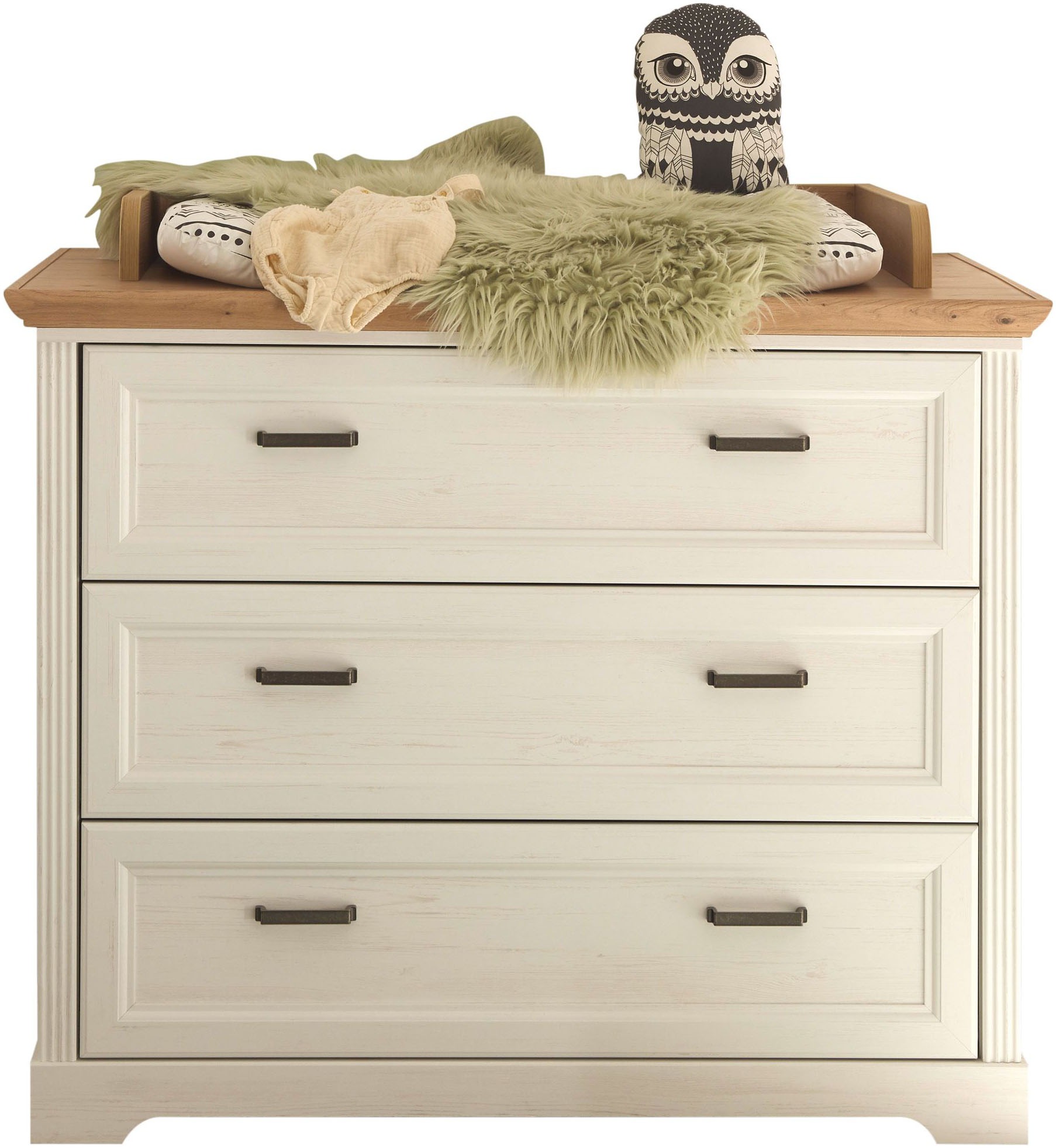 Begabino Wickelkommode »Jasmin Kommode mit Wickelaufsatz«, bis 15 kg, im Landhausstil, Kommode mit 3 Schubkästen, 114 cm