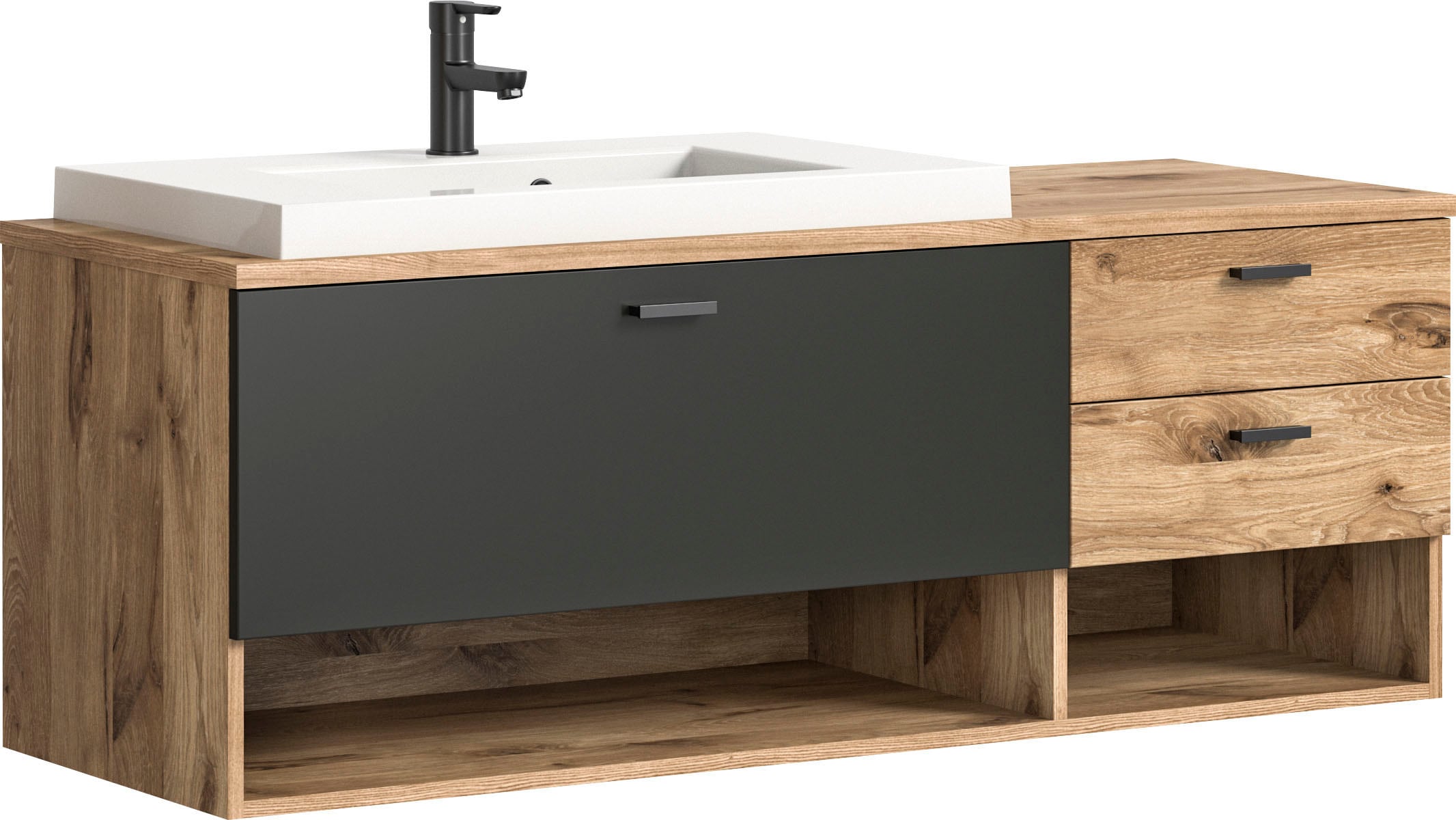 welltime Waschbeckenunterschrank "Dolo, Breite 138 cm, inkl. Aufsatzwaschbecken, 2 Schubkästen, 1 Klappe" 2 Stk. tlg. Hängeschrank, Unterschrank, Badmöbel, Badschrank, Schrank, Bad