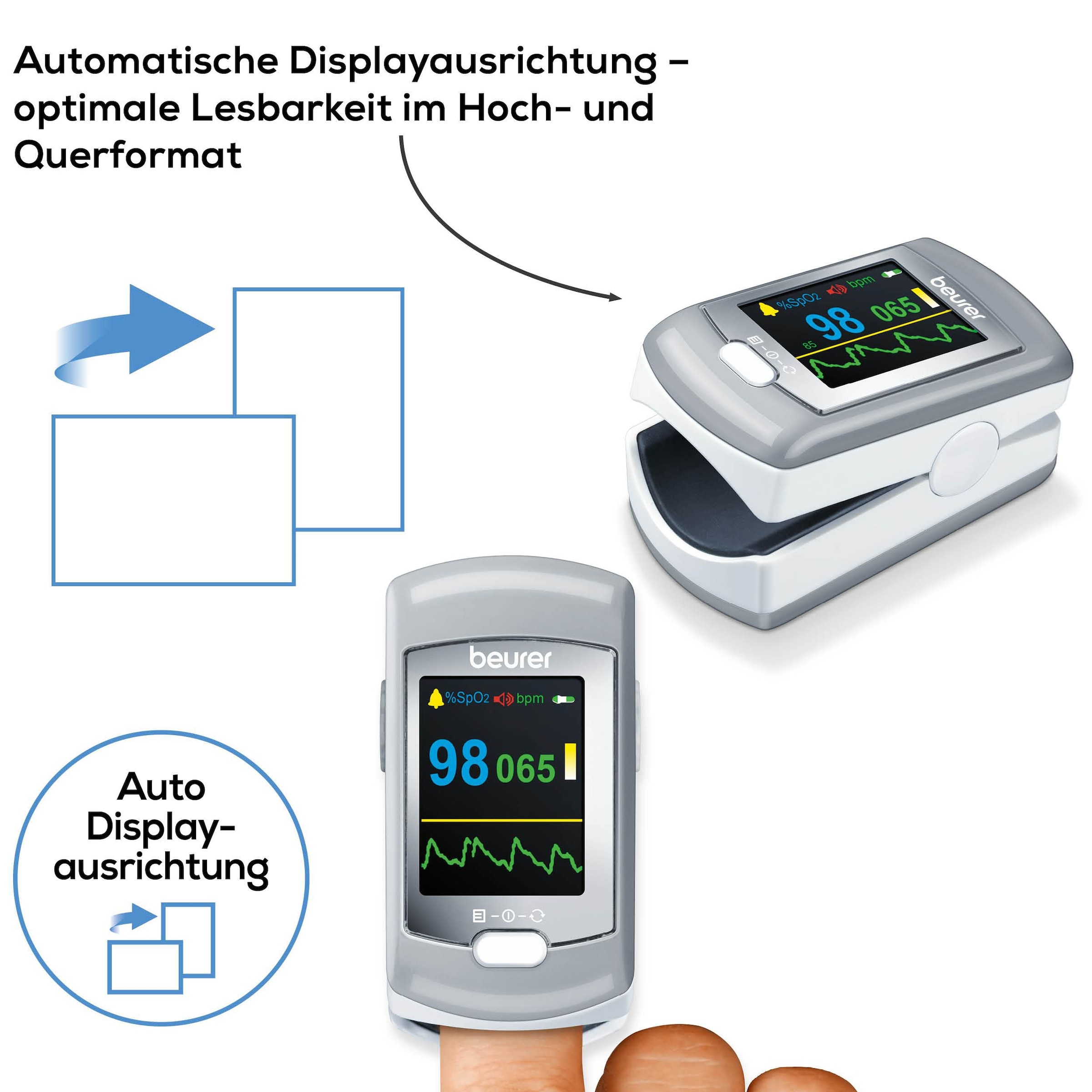 BEURER Pulsoximeter »PO 80 zur Messung der Sauerstoffsättigung und Herzfrequenz«, Mit Akku, aufladbar über USB oder Steckernetzteil