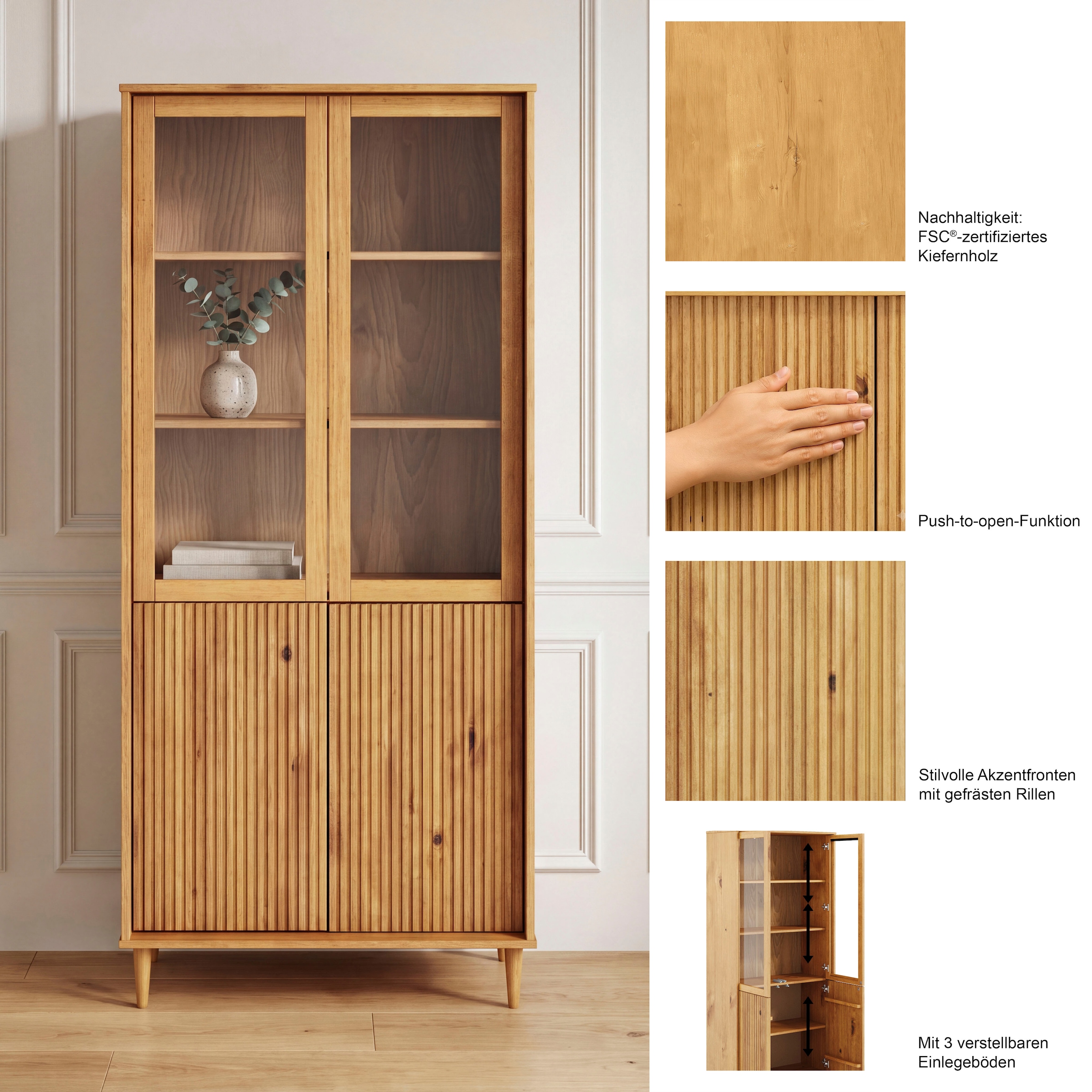 OTTO home Vitrine »Malmedy Front mit gefrästen Rillen« aus massivem Kiefernholz, Push-to-open, FSC, Breite 80 cm, Höhe 180 cm