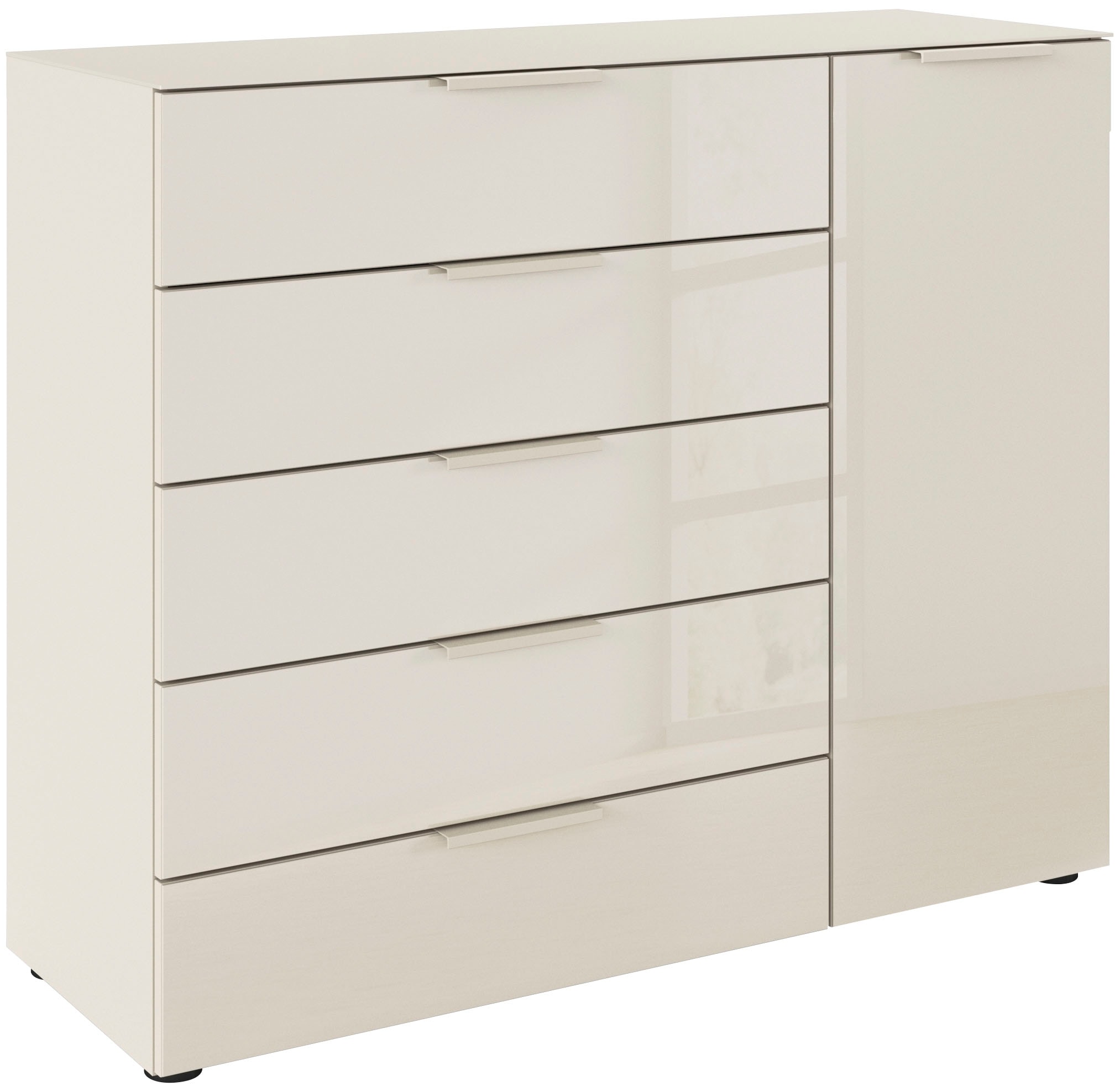 rauch Schubkastenkommode "Kommode Türkommode Sideboard Kombikommode FLIPP mit Glasfront" Breite 120 cm mit 2 Einlegeböden, 1-türig, 5 Schubladen, Soft-Close-Funktion, Oberboden und Front Glas