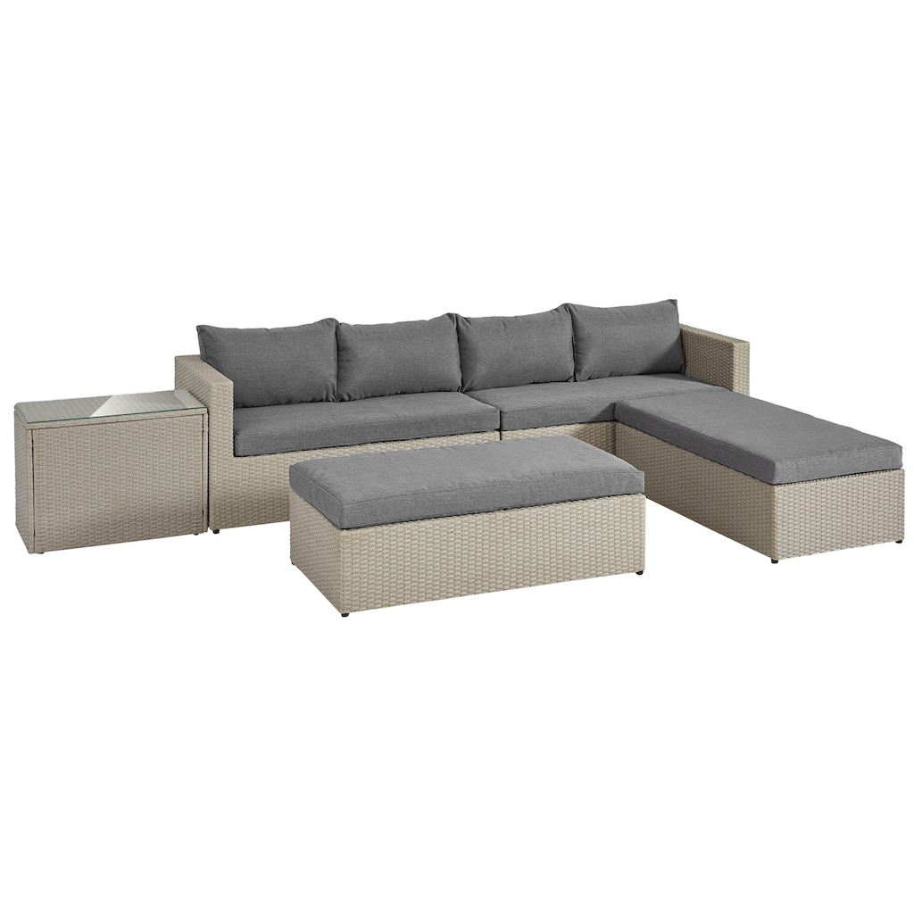 KONIFERA Gartenlounge-Set »Kos«, (Set, 5 tlg., 1xBank, 2x Hocker, 1x Tisch, Alu/Polyrattan), inkl. Auflagen