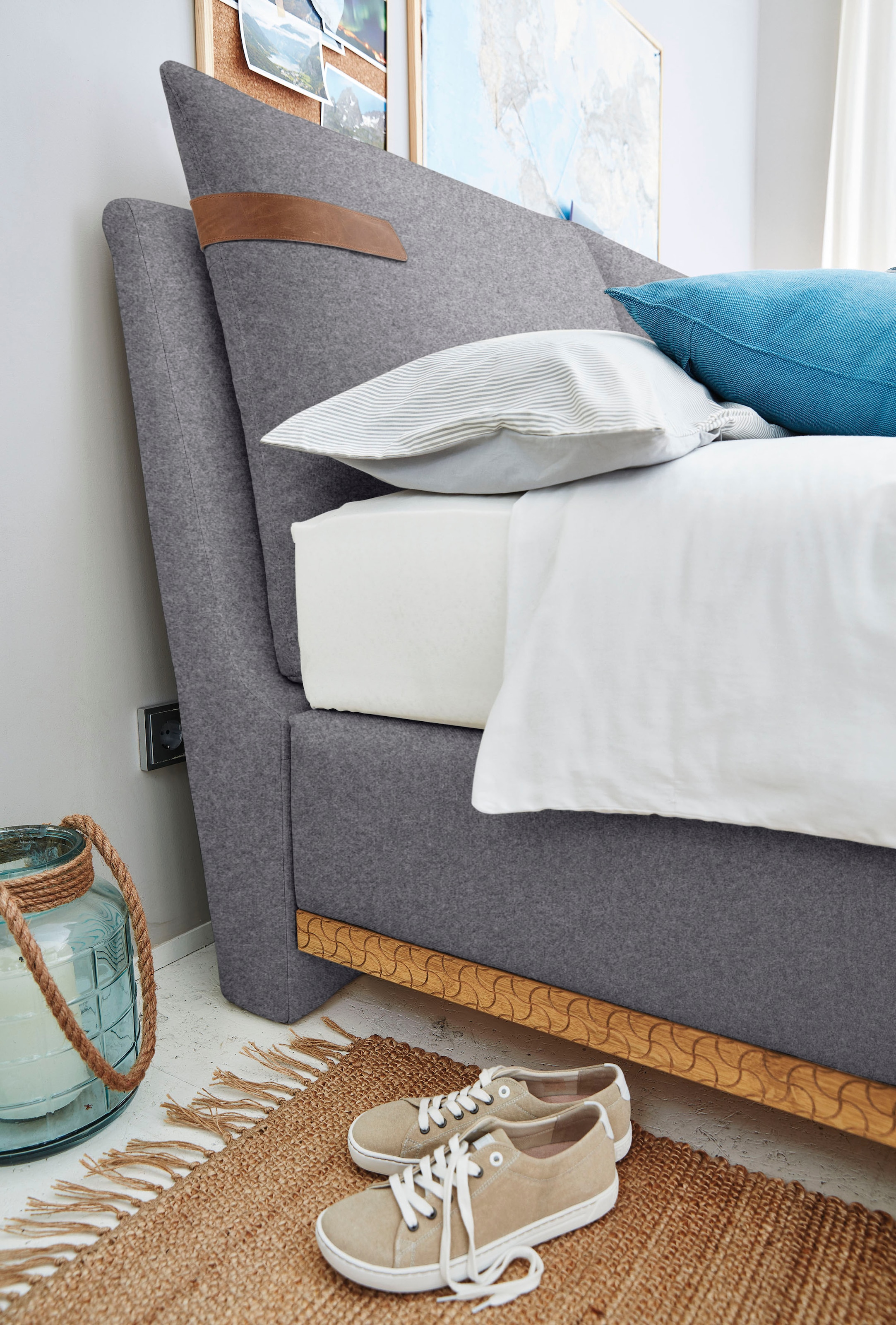 Birkenstock Boxspringbett »Montreal«, Kopfteil in Kissenoptik, Lederlaschen, unterschiedliche Ausführungen