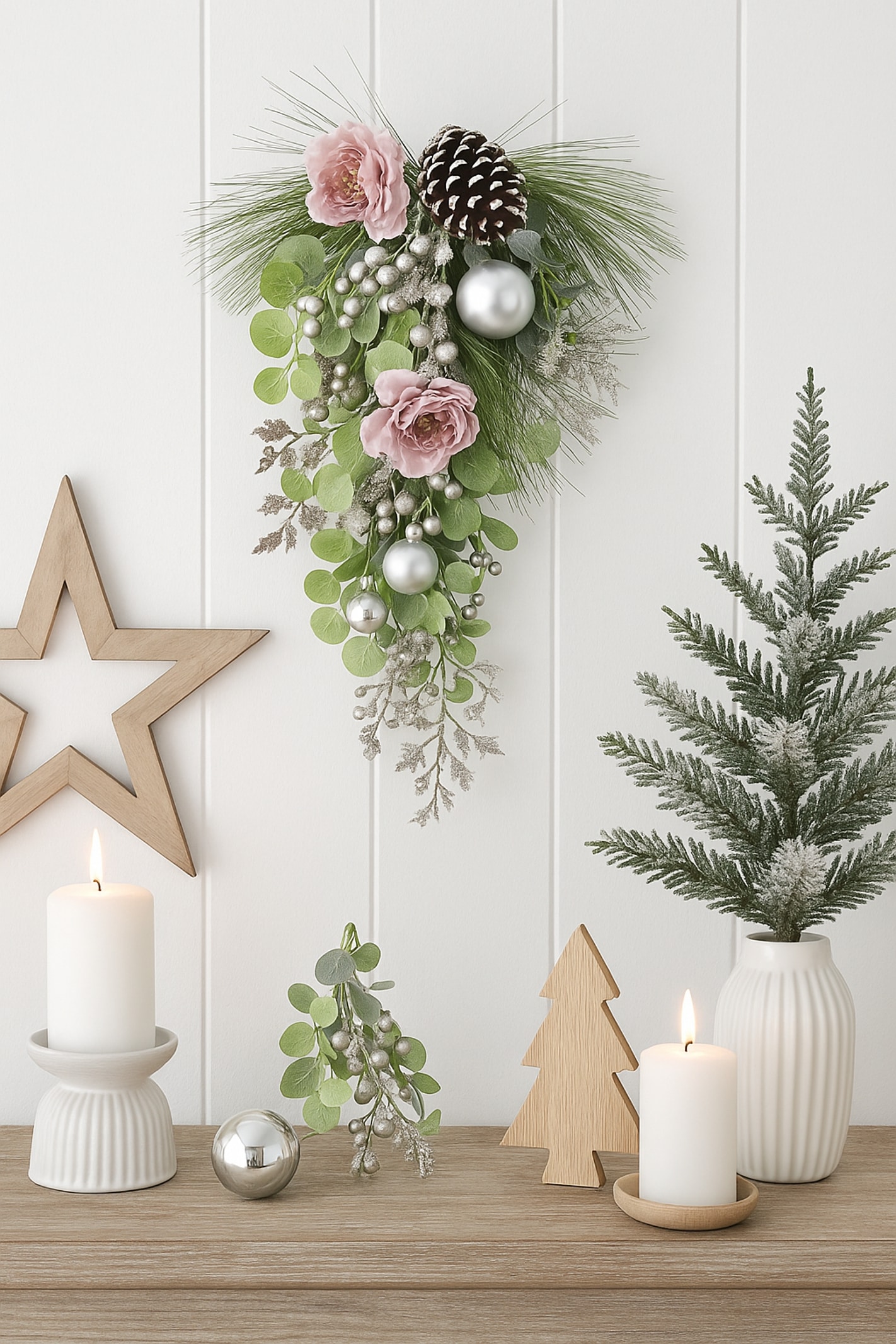 I.GE.A. Kunstblume »Wandhänger Päonie/Beeren« Wanddeko Tanne, Eukalyptus, Zapfen, Weihnachtsdeko
