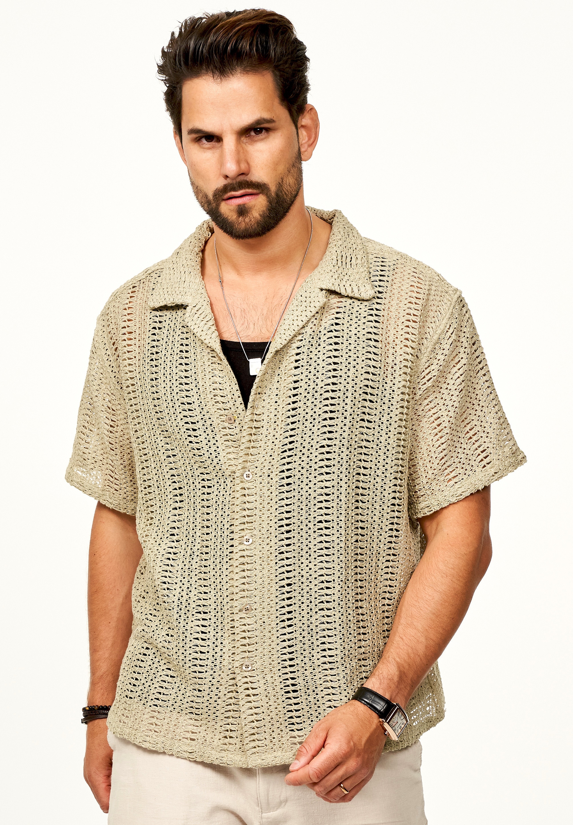 SOULSTAR Kurzarmhemd »Freizeithemd als Kurzam Strick Hemd im Retro-Look - Strick Polo-Hemd Overshirt im Regular-Fit für Herren« Strick Polo-Hemd T-Shirt im Regular-Fit