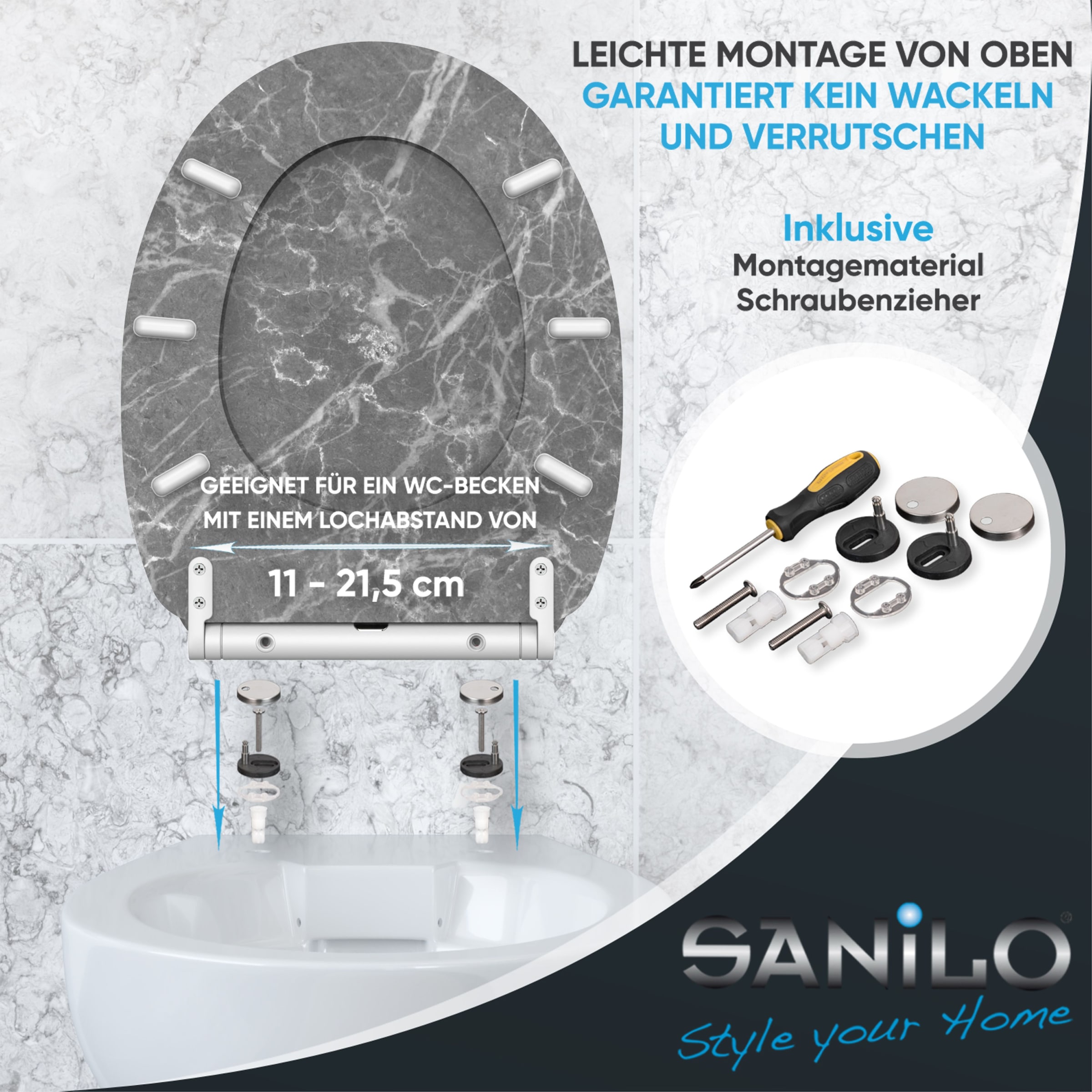 Sanilo WC-Sitz »Marmor Grau mit Absenkautomatik & Quick Release« Premium Toilettendeckel, abnehmbar, leichte Montage von oben