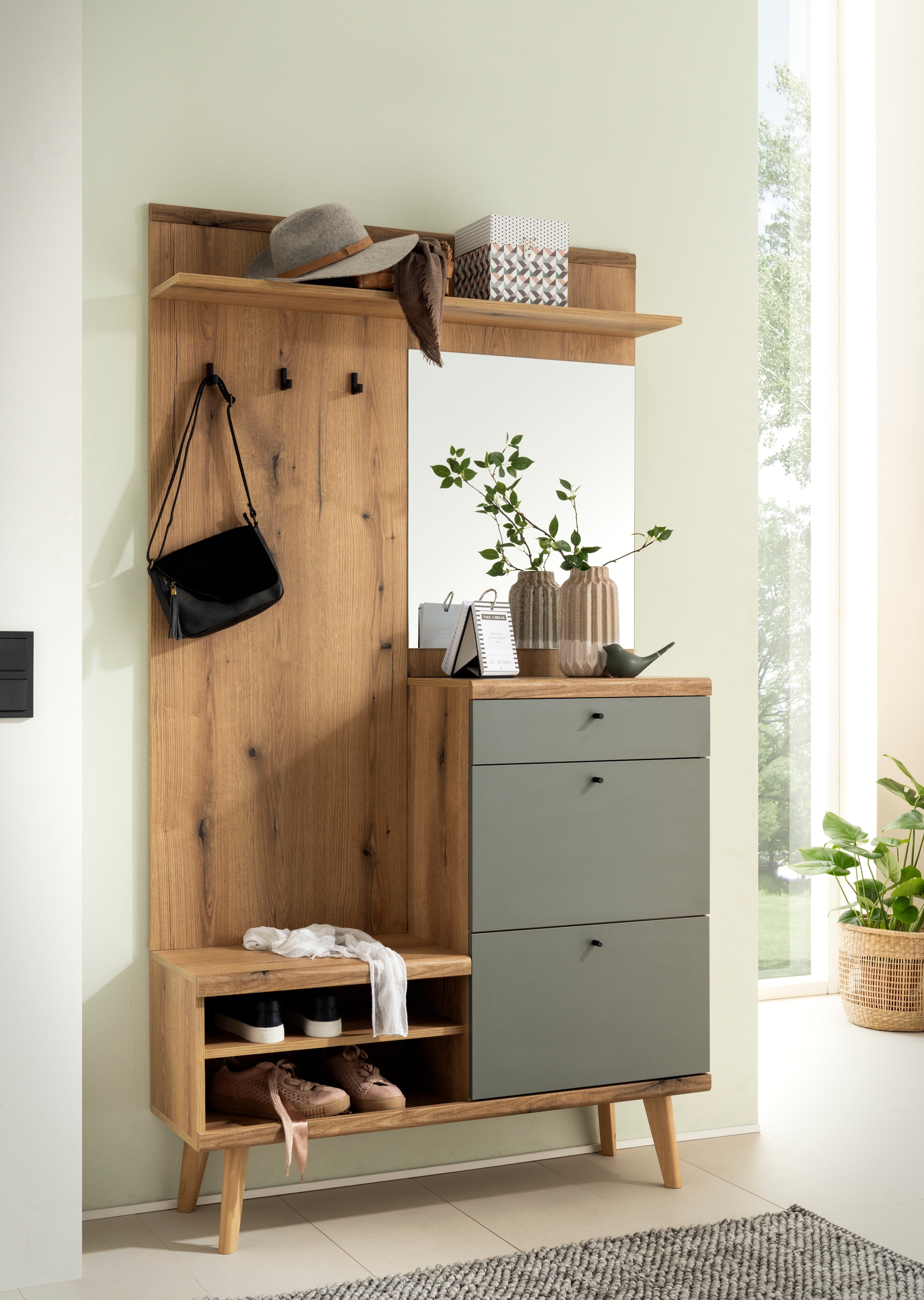 INOSIGN Kompaktgarderobe »Mavas, Garderobe, Garderobenschrank, ScandicDesign, Evoke Eiche/Salbei«, ausreichend Stauraum, für kleine Räume geeignet, 110 cm breit